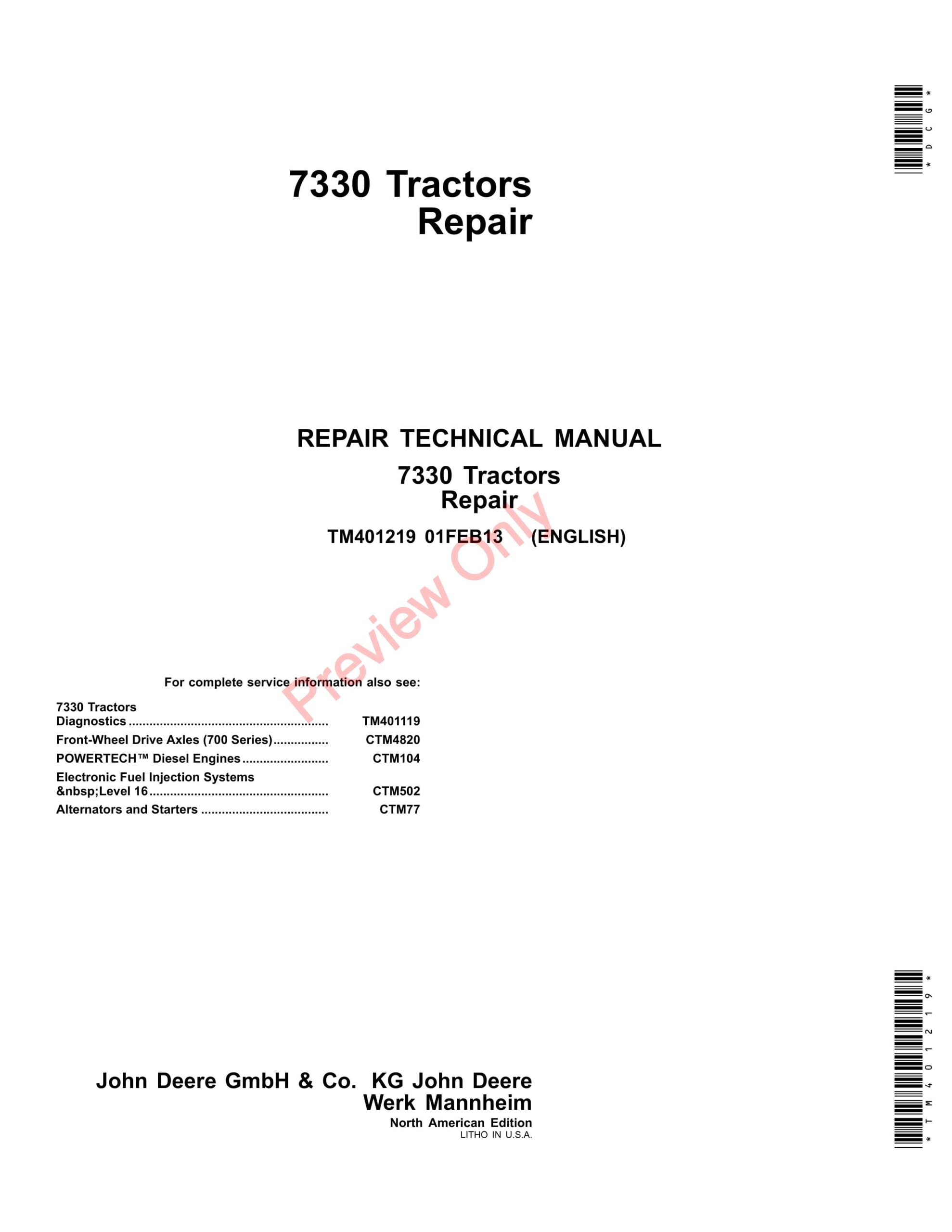 John Deere 7330 Tractors Technical Manual TM401219 01FEB13-1