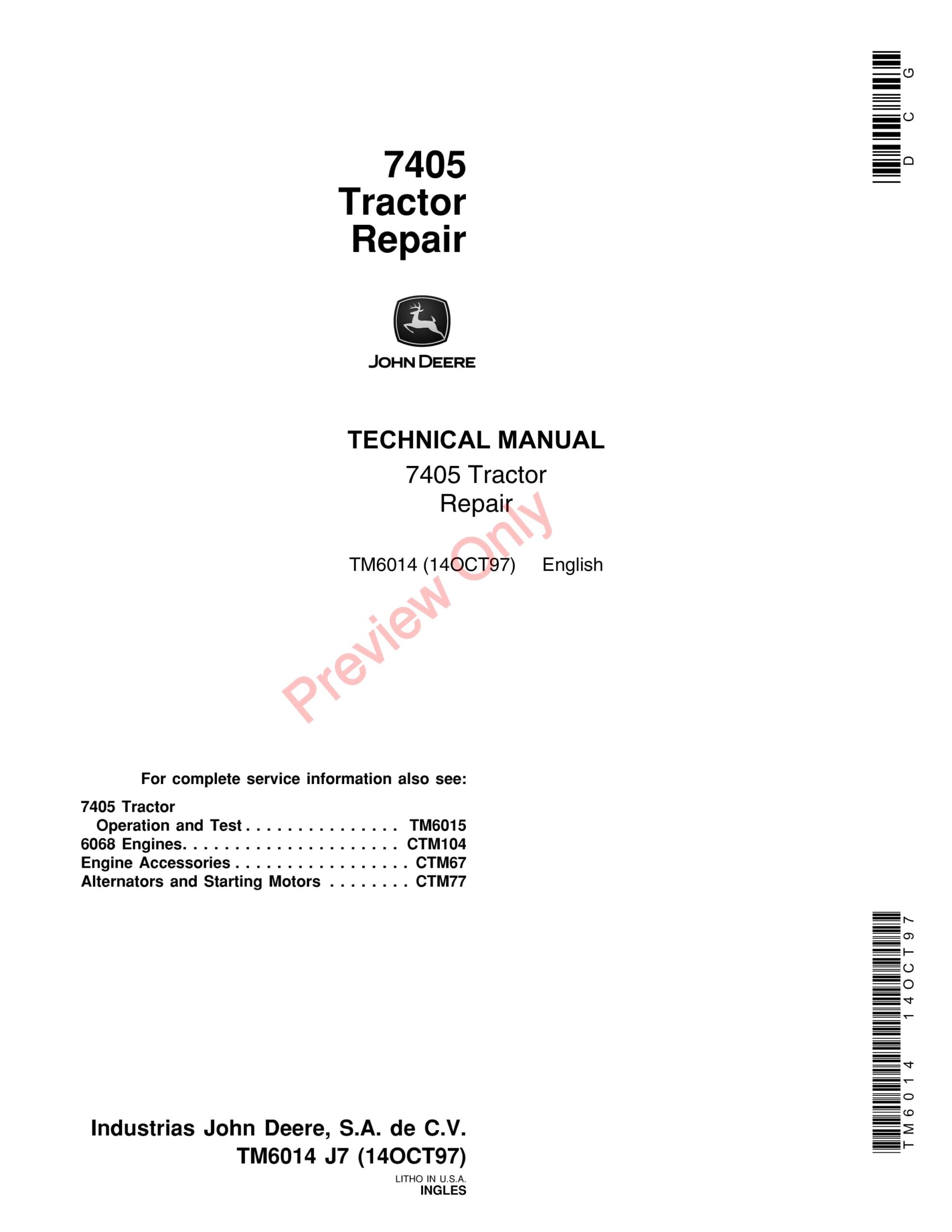 John Deere 7405 Tractor Technical Manual TM6014 J7-1