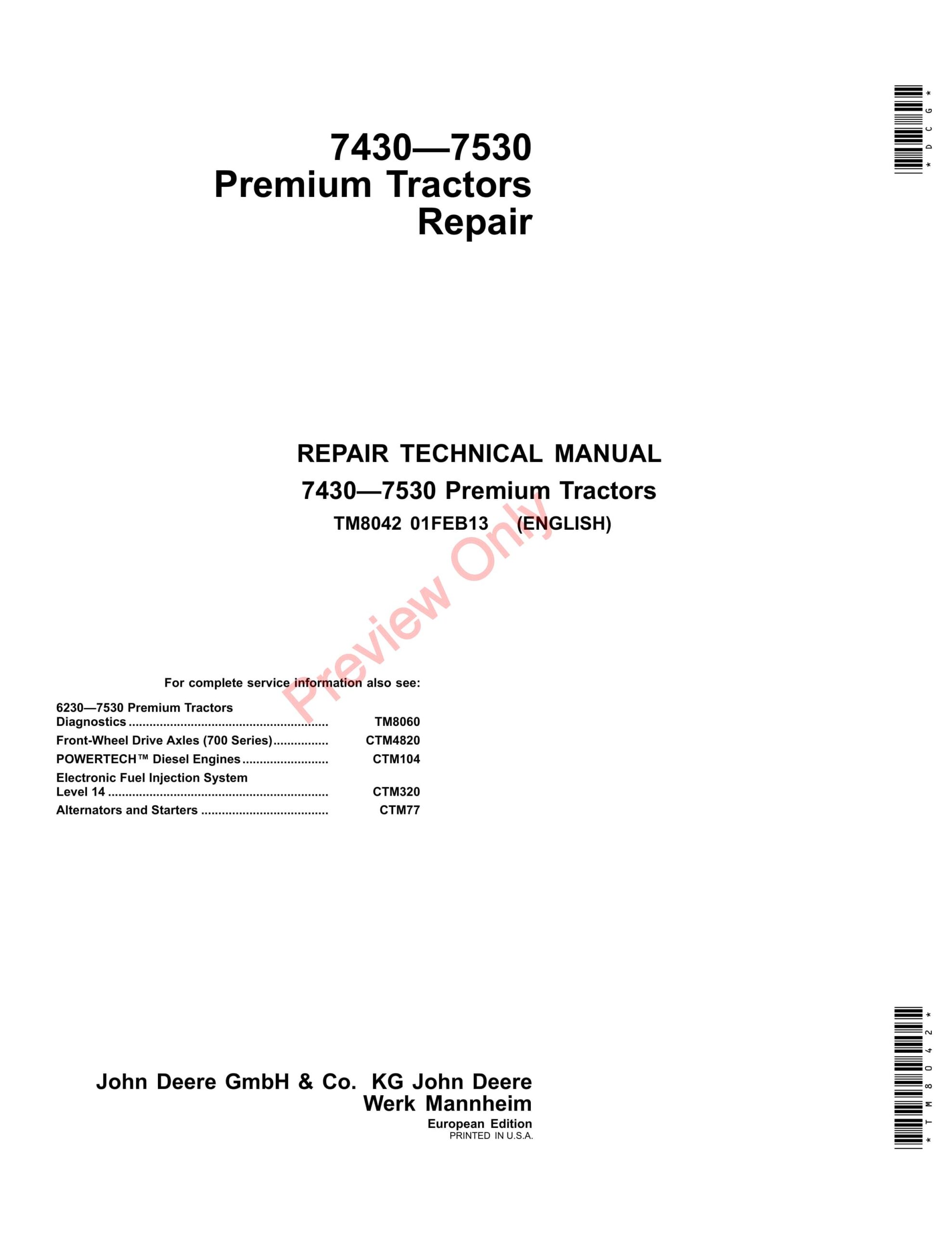John Deere 7430 and 7530 Premium Tractors Repair Technical Manual TM8042 01FEB13-1