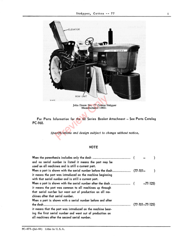 John Deere 77 Cotton Stripper Parts Catalog PC673 01JUL66-3