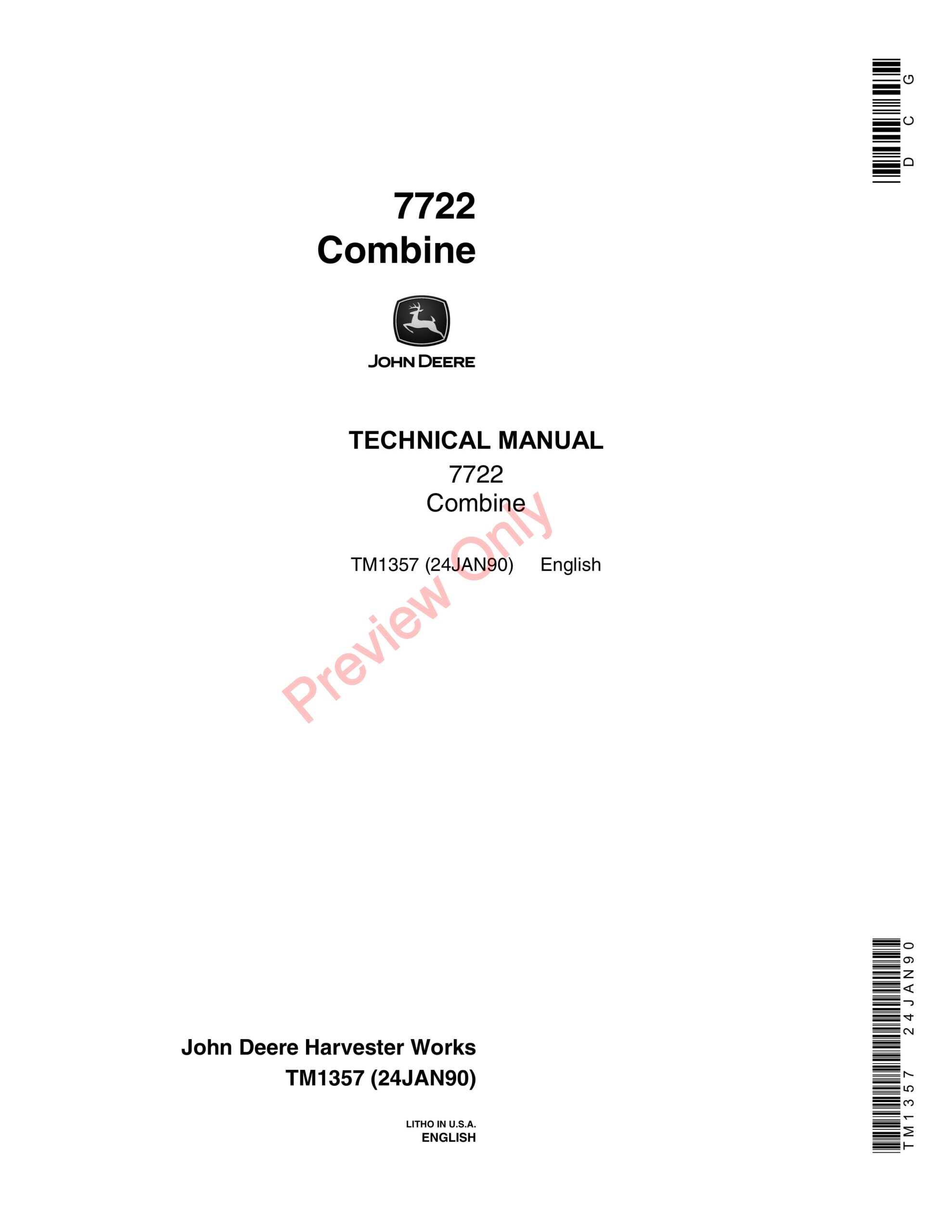 John Deere 7722 Combine Technical Manual TM1357 24JAN90-1