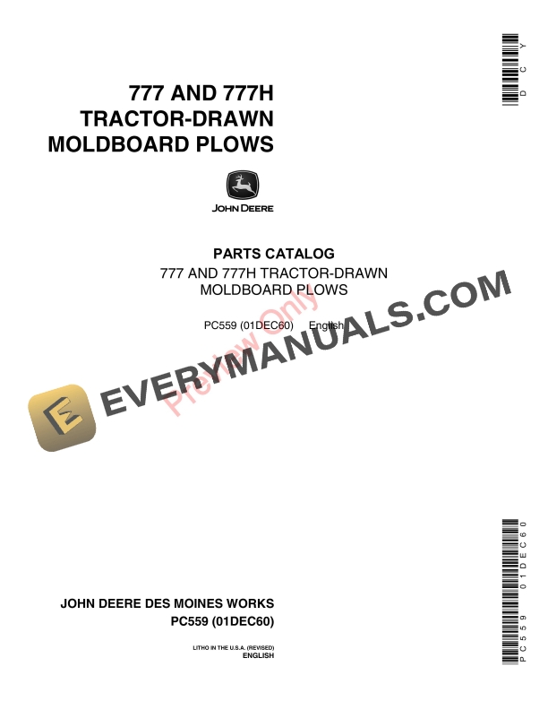 John Deere 777 Moldboard Plow, Drawn Parts Catalog PC559 01DEC60