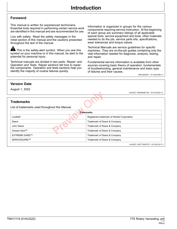 John Deere 778 Rotary Harvesting Unit Technical Manual TM411119 01AUG22 2