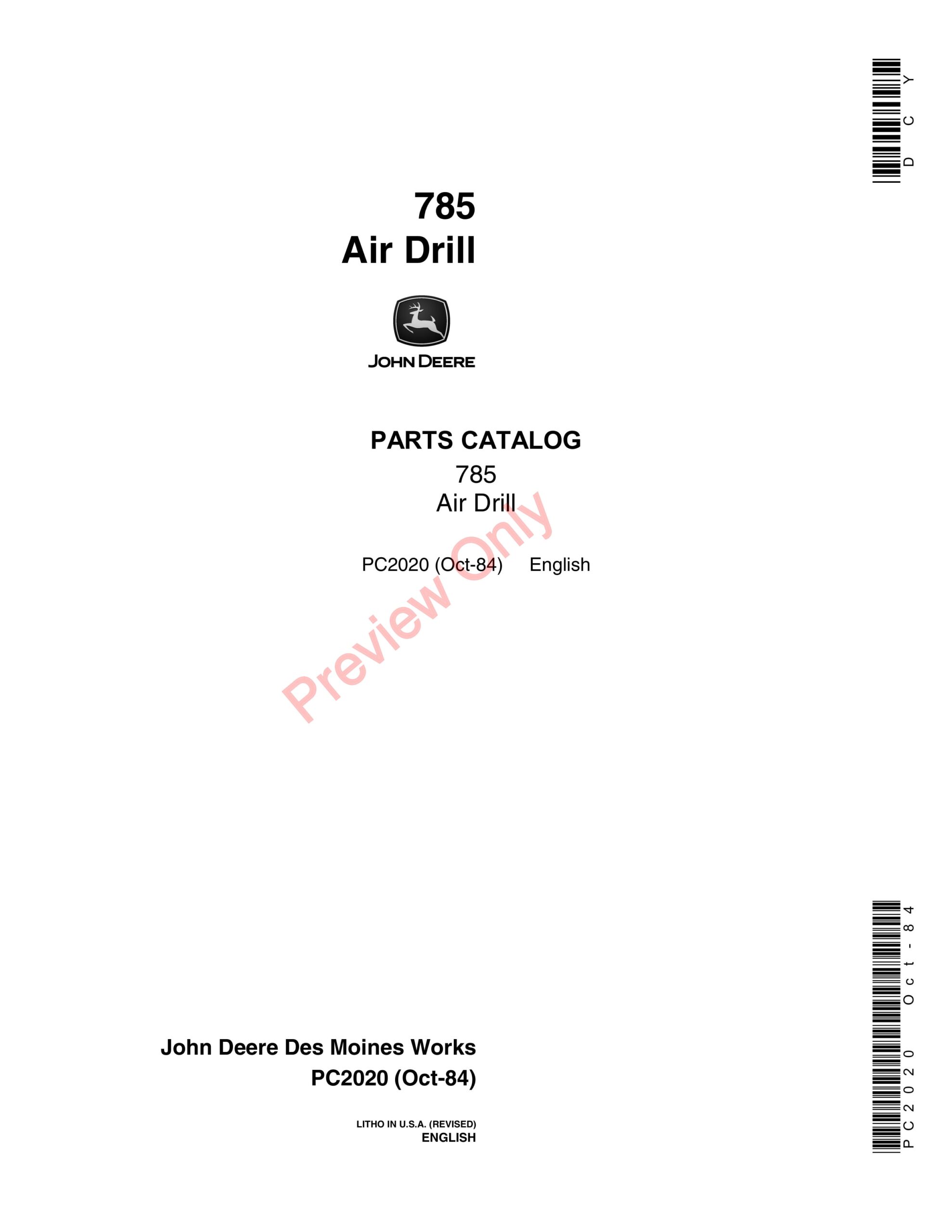 John Deere 785 Air Drill Parts Catalog PC2020 04OCT84-1
