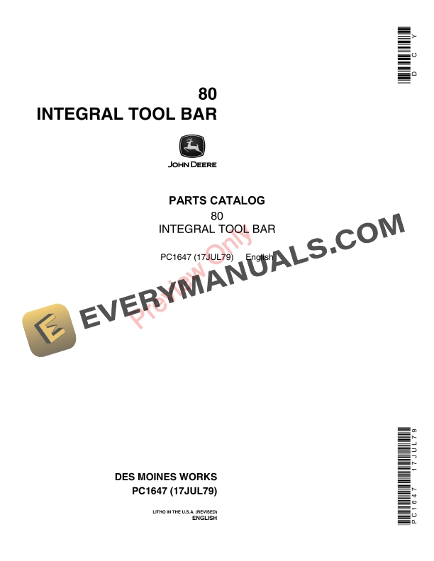 John Deere 80 Integral Toolbar Parts Catalog PC1647 17JUL79