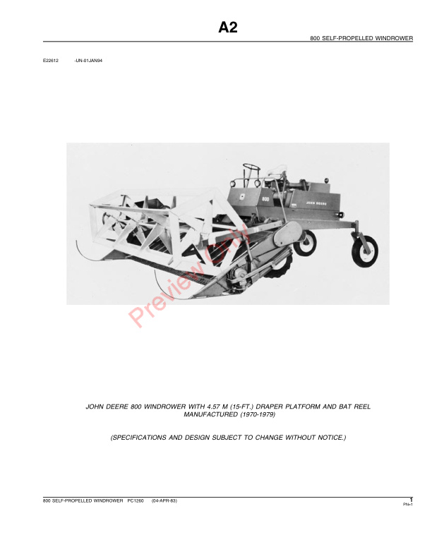 John Deere 800 Self-Propelled Windrower Parts Catalog PC1260 18JUL96-3