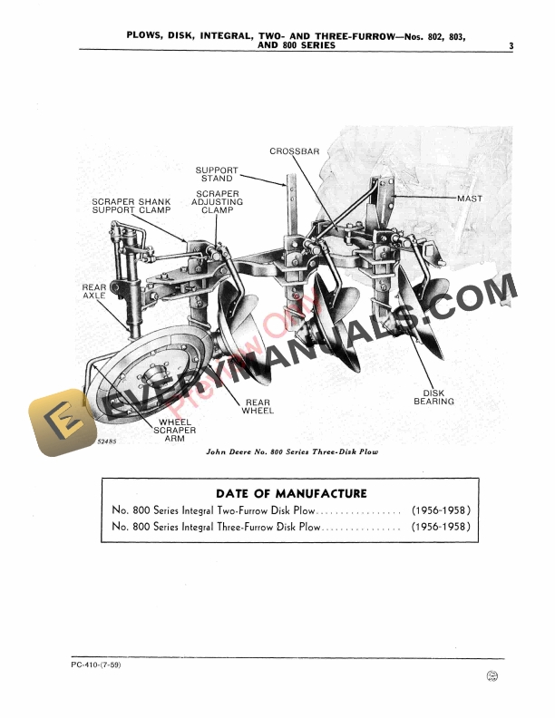 John Deere 802, 803, 800 Series Integral Disk Plows Parts Catalog PC410