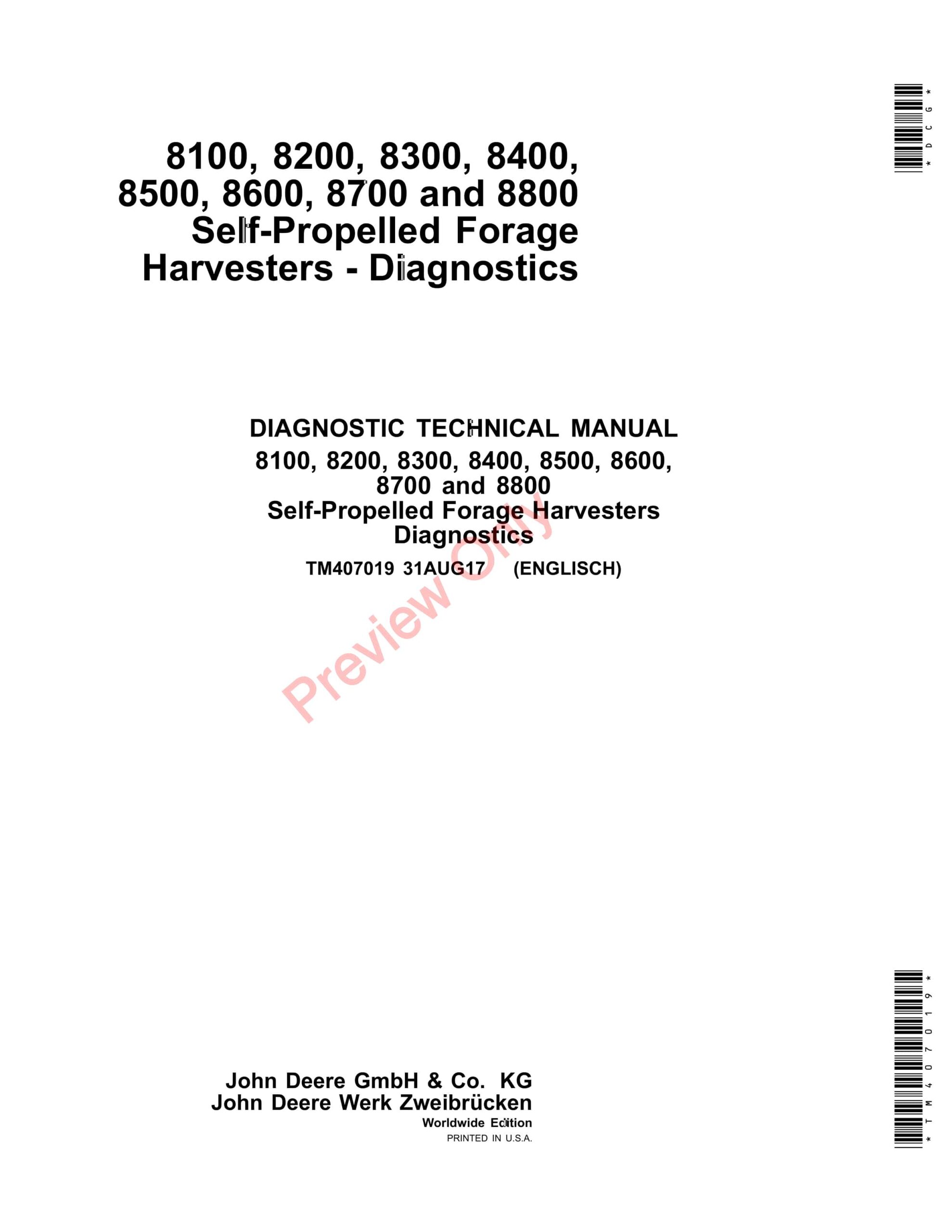 John Deere 8100, 8200, 8300, 8400, 8500, 8600, 8700 and 8800 Self Diagnostic Technical Manual TM407019 31AUG17-1