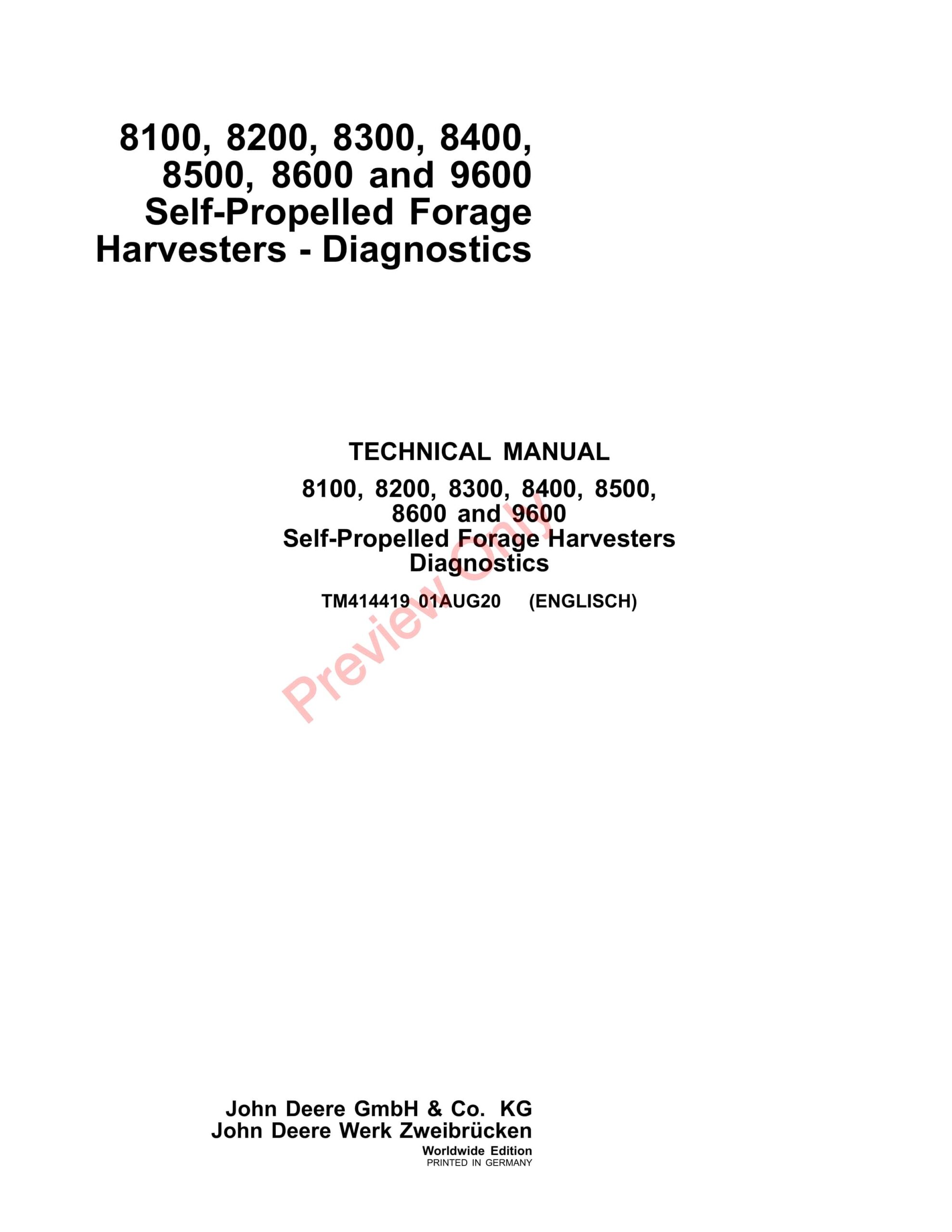 John Deere 8100, 8200, 8300, 8400, 8500, 8600 and 9600 Self Technical Manual TM414419 01AUG20-1