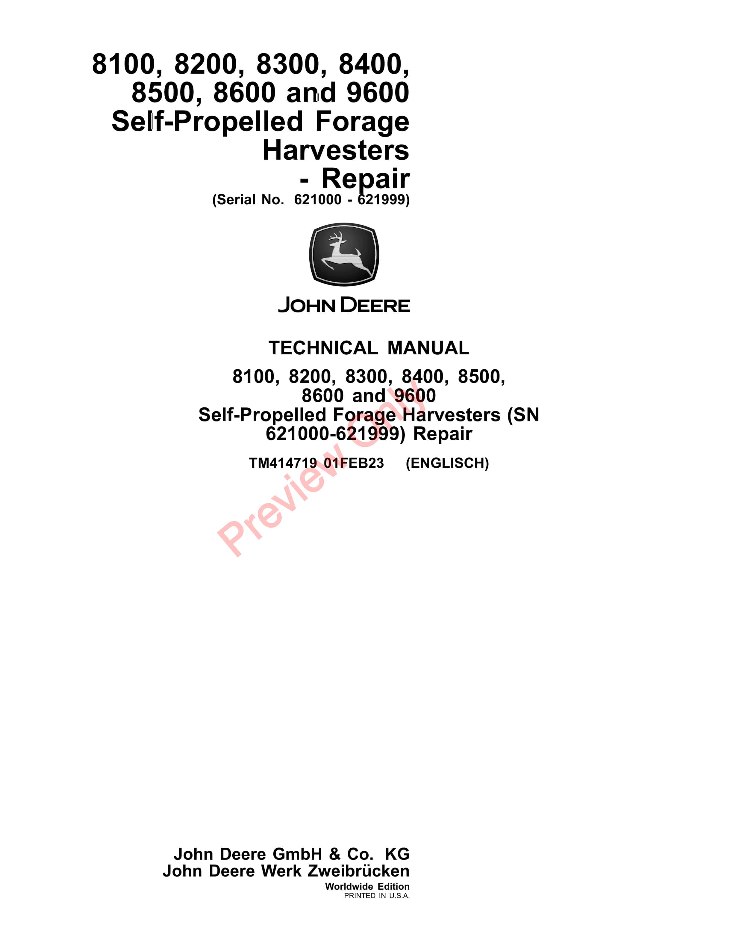 John Deere 8100, 8200, 8300, 8400, 8500, 8600, and 9600 Self Technical Manual TM414719 01FEB23-1