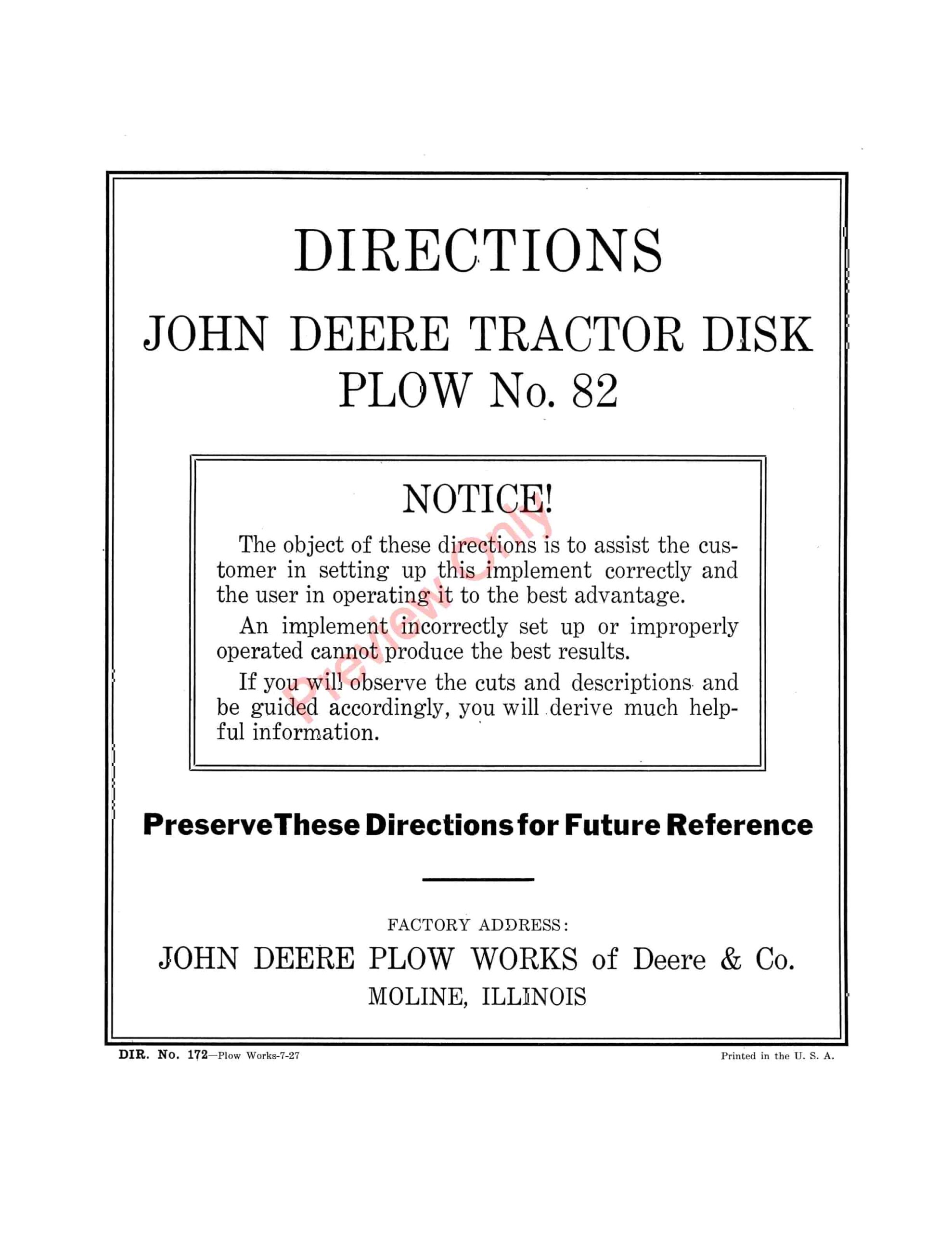 John Deere 82 Disk Plow Parts Catalog DIR172 01JUL27-1