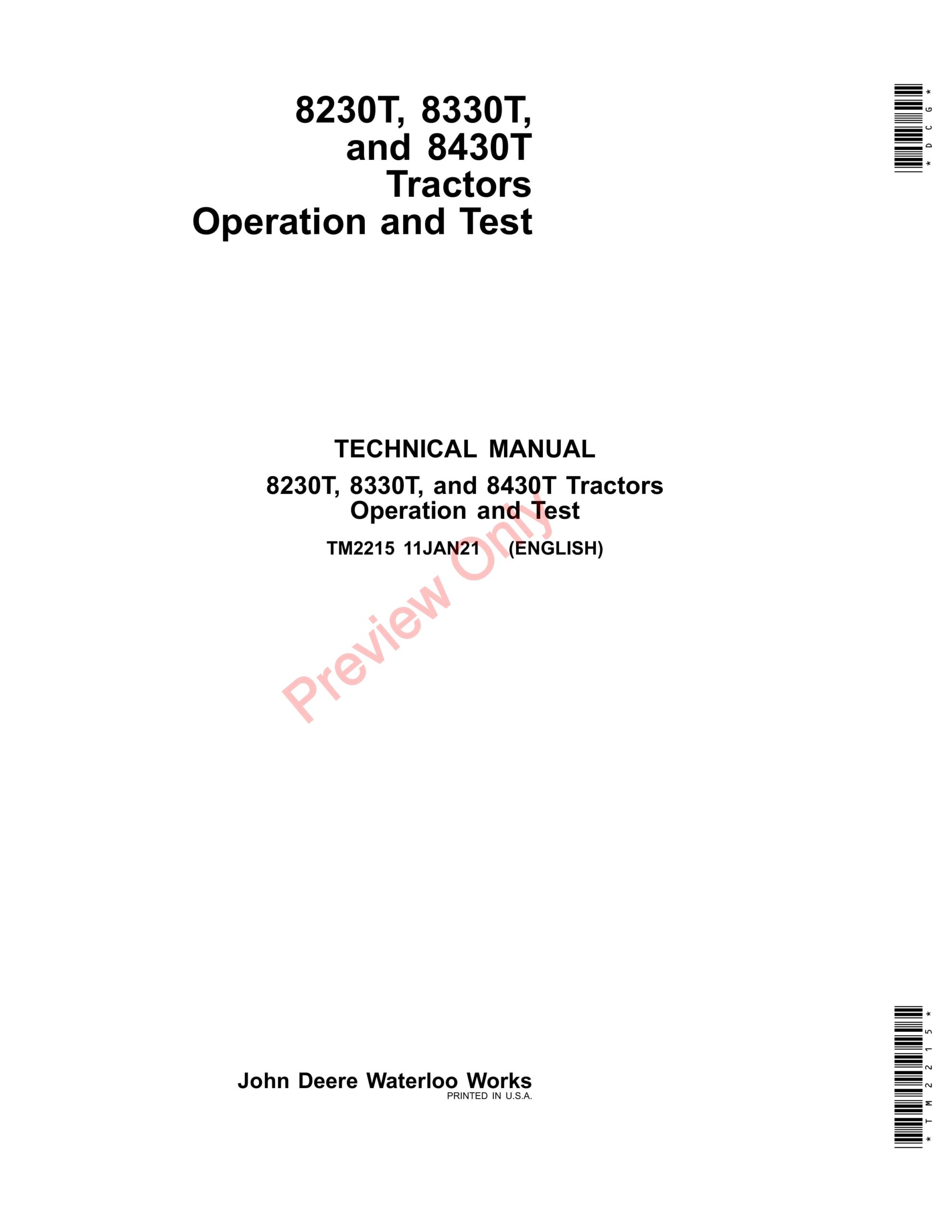 John Deere 8230T, 8330T and 8430T Tractors Technical Manual TM2215 11JAN21-1