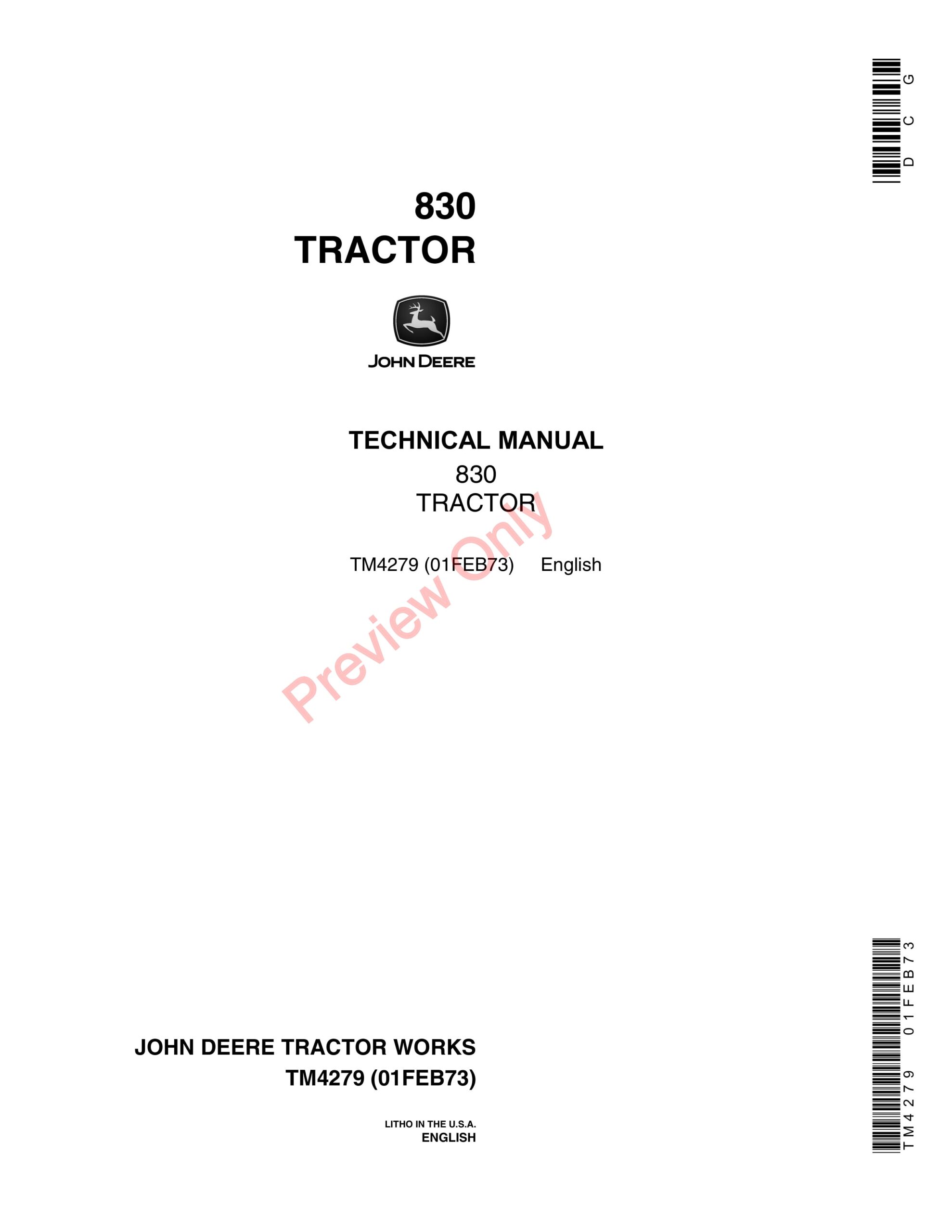 John Deere 830 Utility Tractor Technical Manual TM4279 01FEB73-1