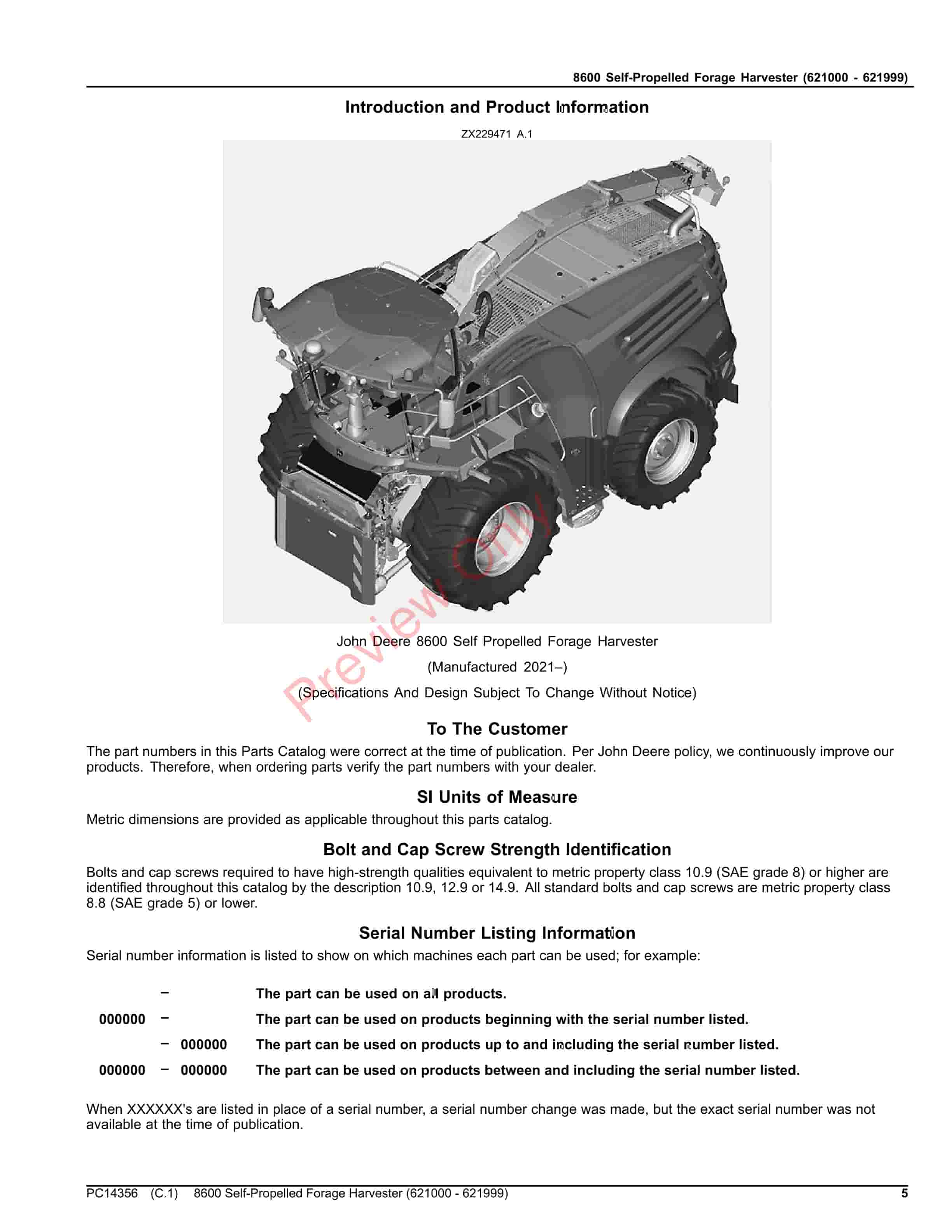 John Deere 8600 Self-Propelled Forage Harvester (621000 &#8211; 621999) Parts Catalog PC14356 15OCT23-5