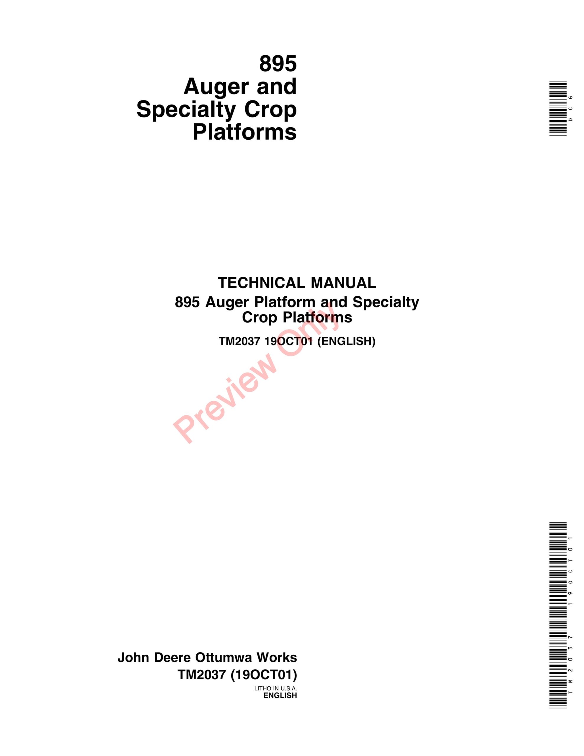 John Deere 895 Auger Platform and Specialty Crop Platforms Technical Manual TM2037 19OCT01-1