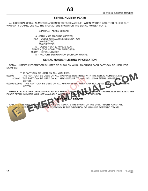 John Deere 90 and 96 Riding Electric Mower Parts Catalog PC1279 02APR92