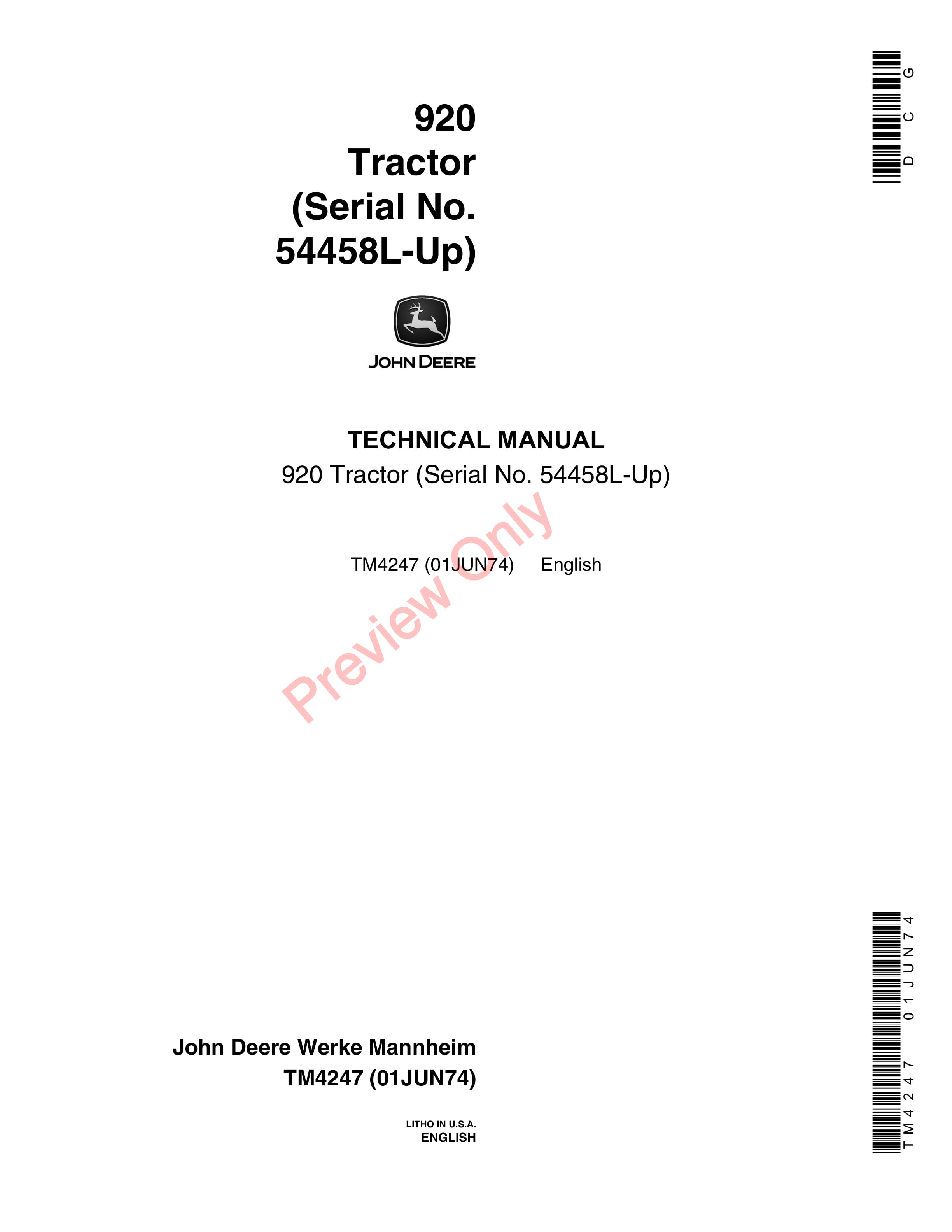 John Deere 920 Tractor Technical Manual TM4247 01JUN74-1