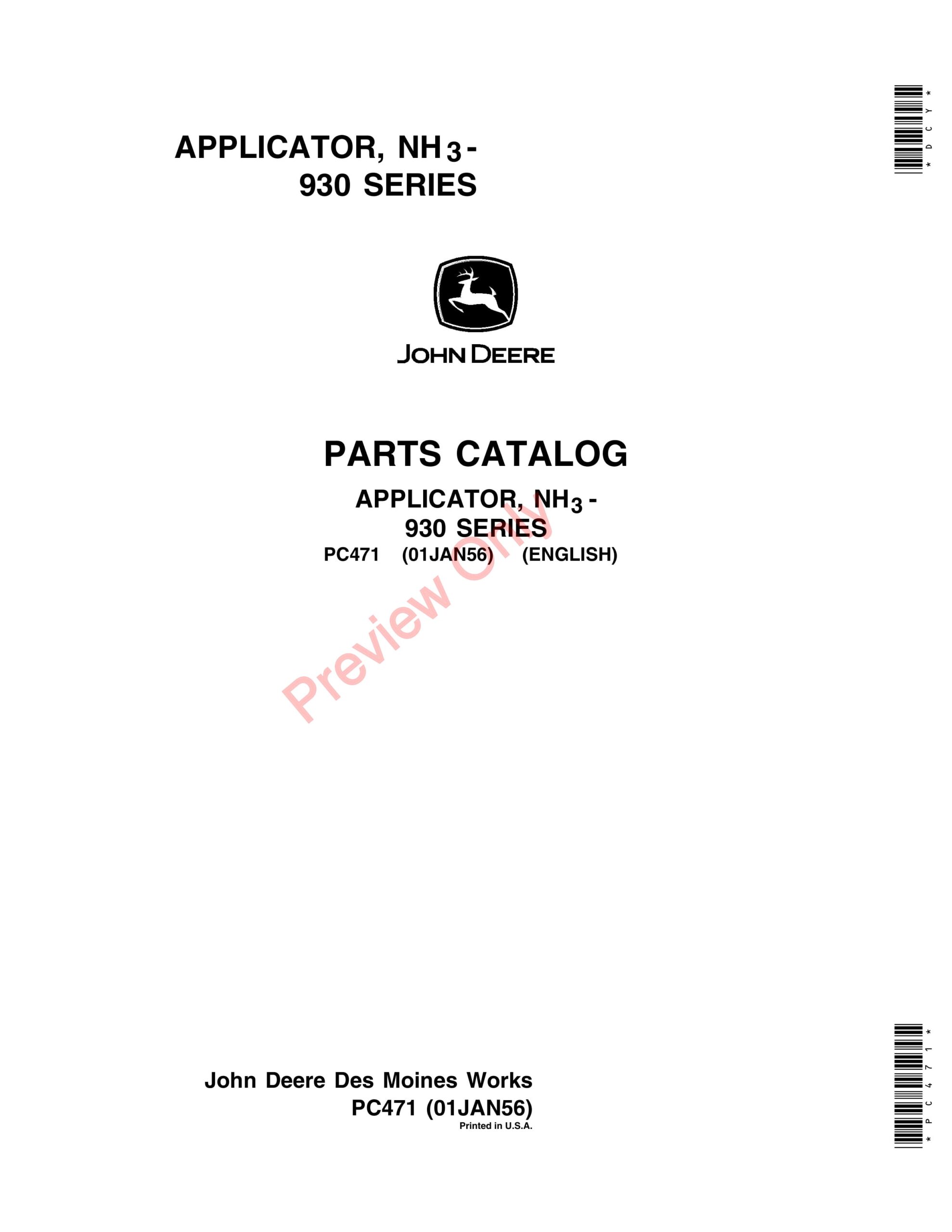 John Deere 930 Series NH3 Applicator Parts Catalog PC471 01JAN56-1