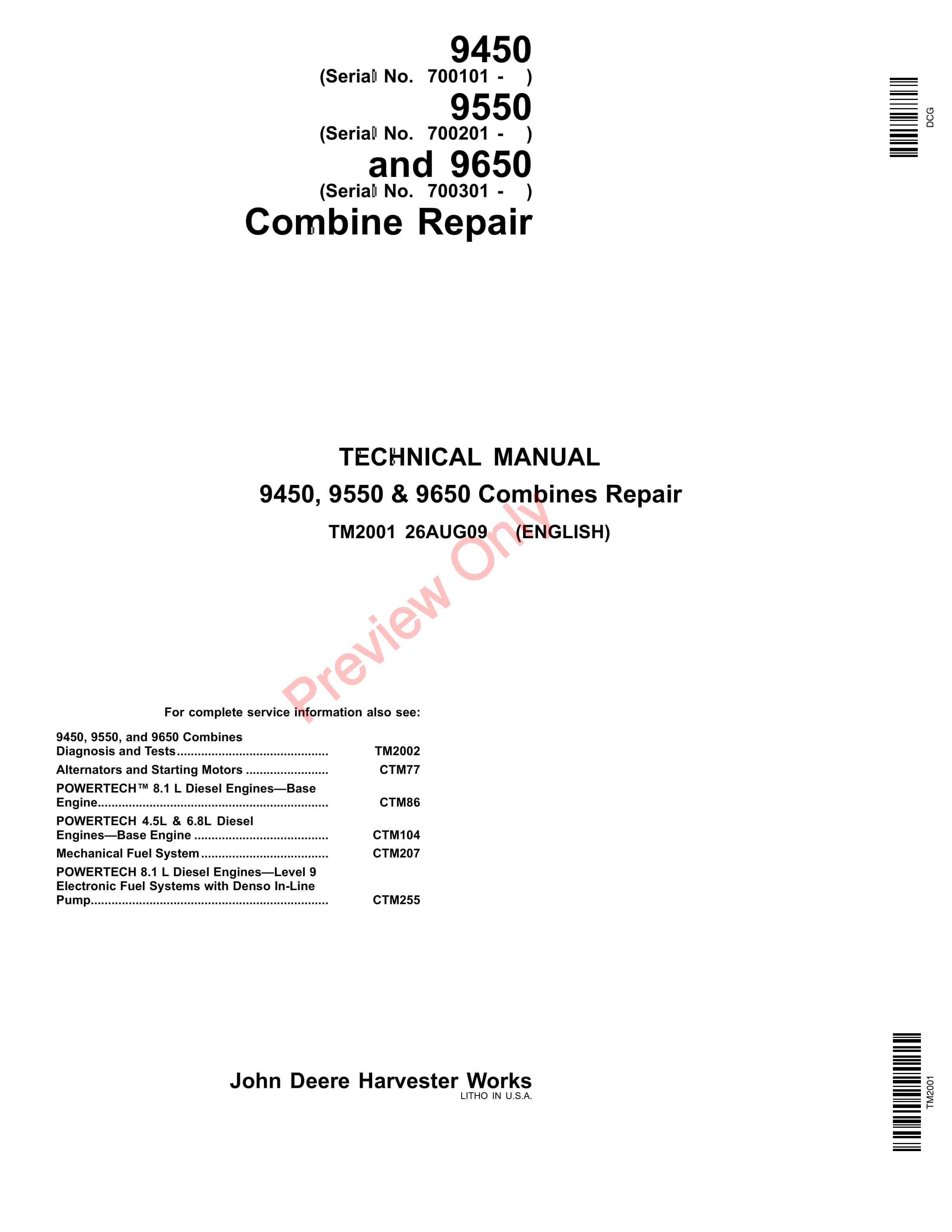 John Deere 9450 Combines (695101-) 9550 Combines (695201 Technical Manual TM2001 26AUG09-1