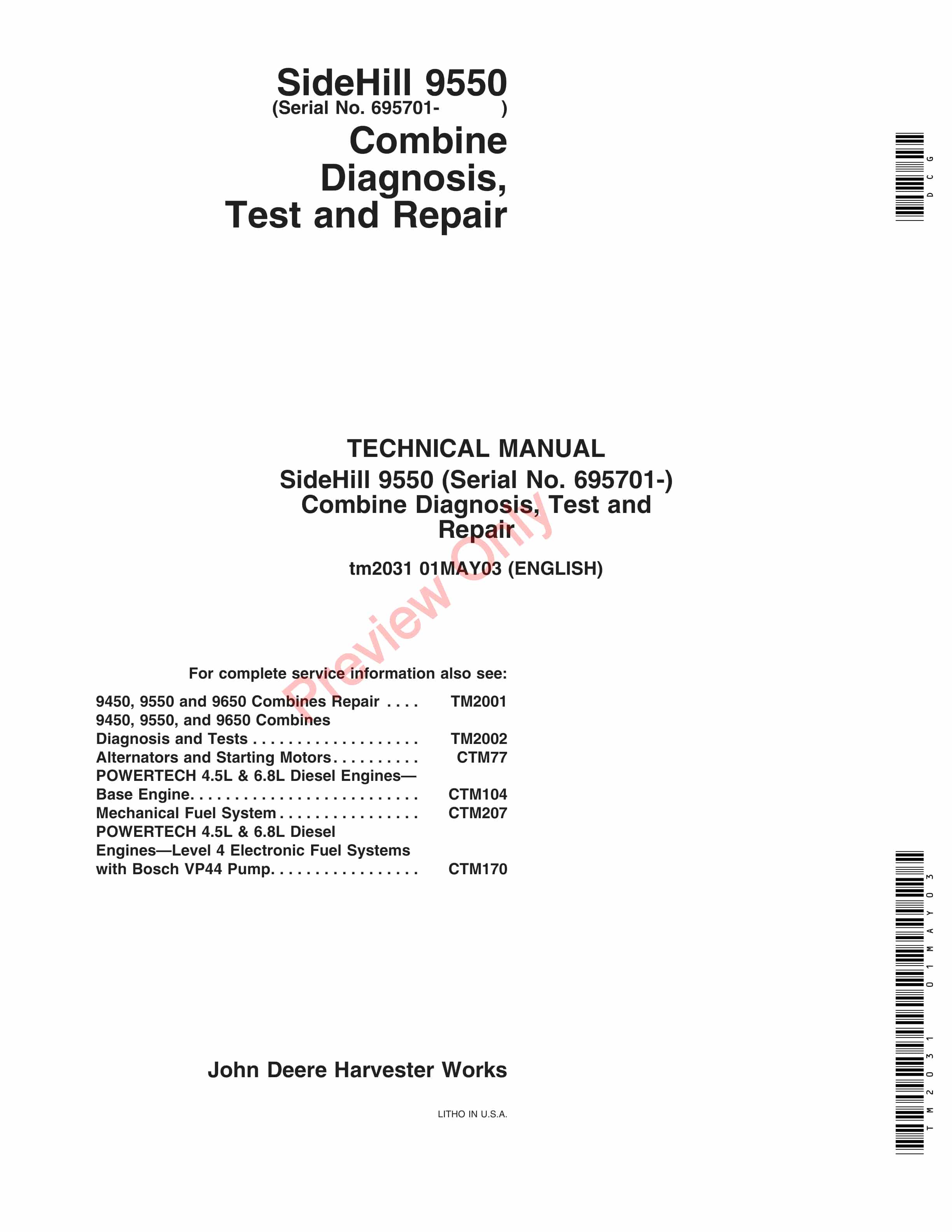 John Deere 9550 Sidehill Combine (s.n. 695701- ) Technical Manual TM2031 01MAY03-1