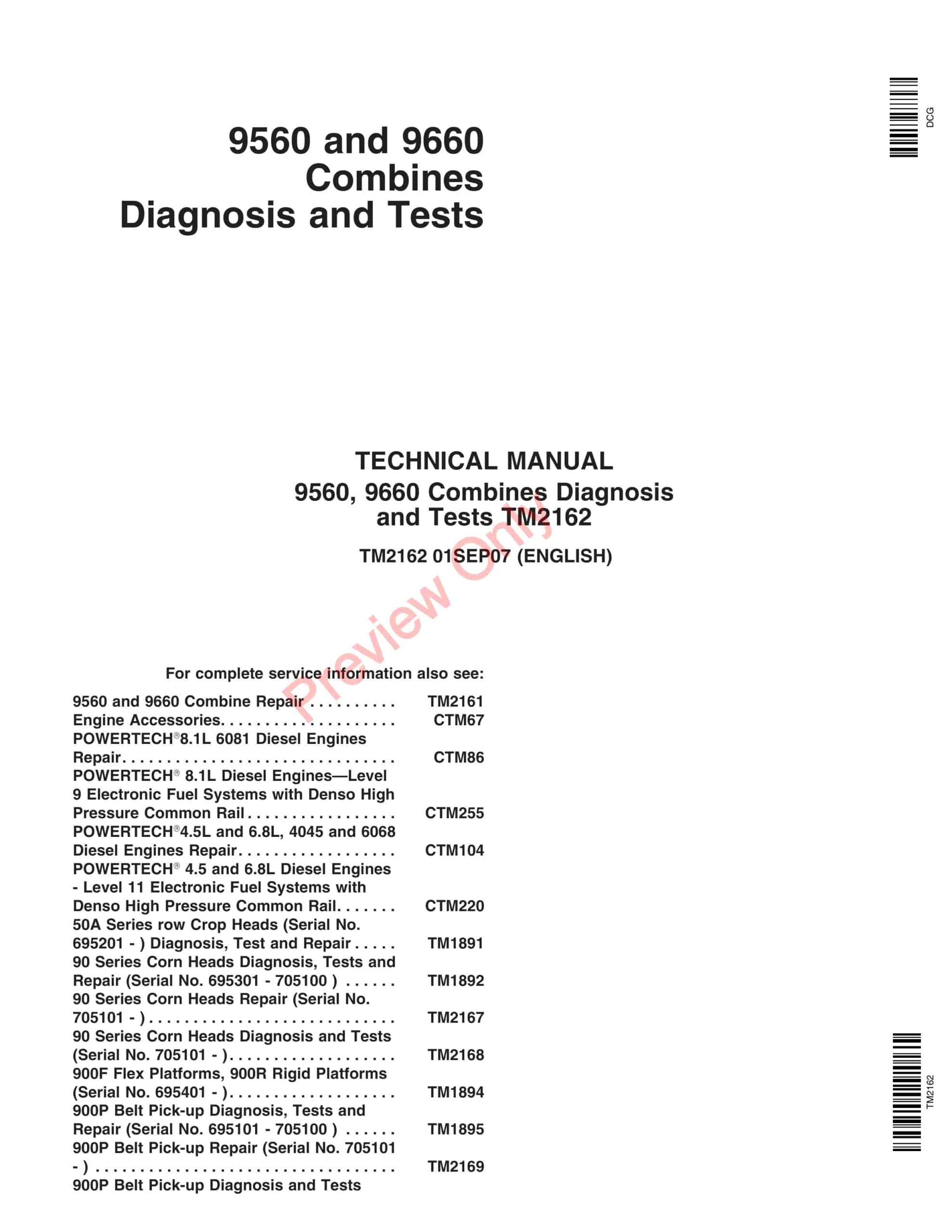John Deere 9560, 9660 Combines Technical Manual TM2162 01SEP07-1
