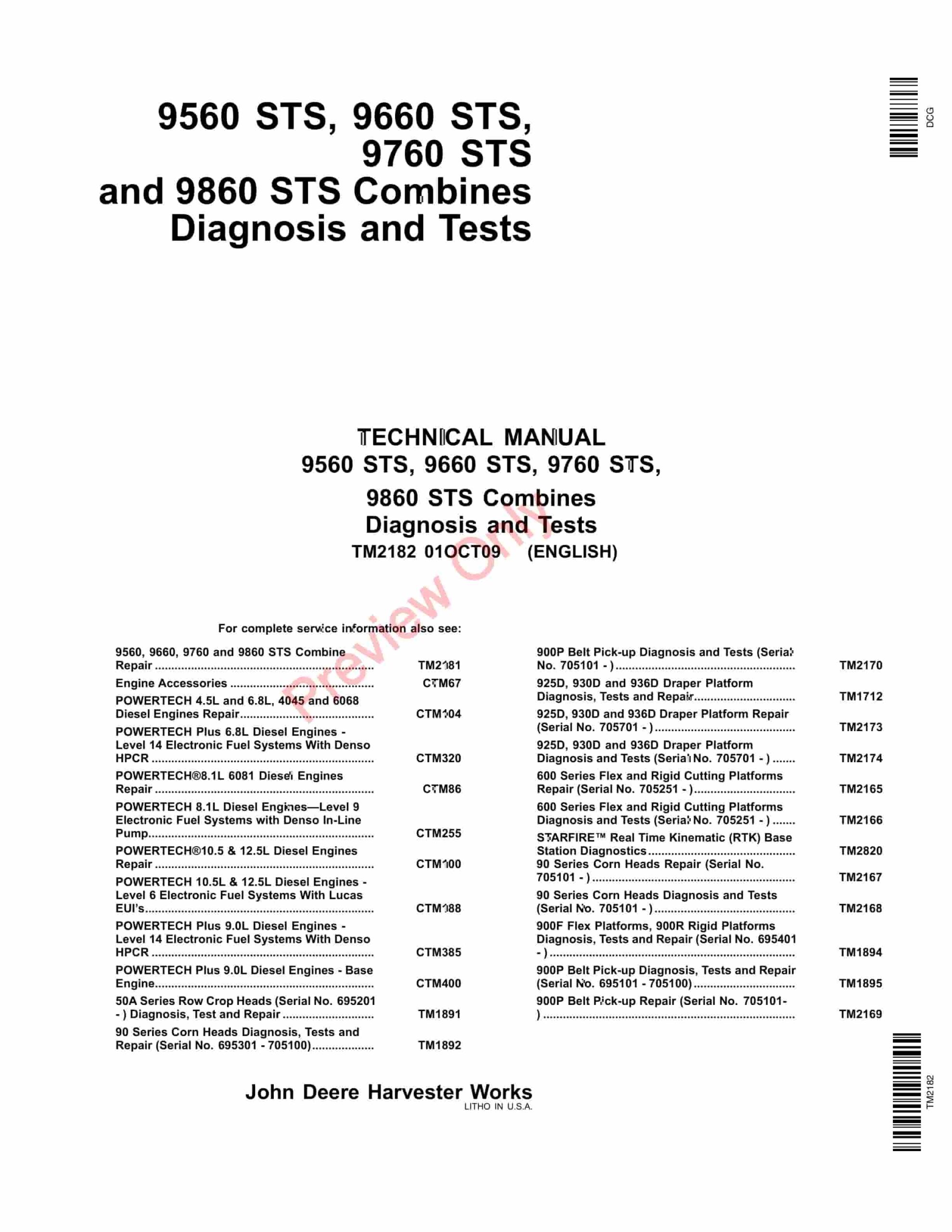 John Deere 9560 -9860 STS , Combines Service Information TM2182 01OCT09-1