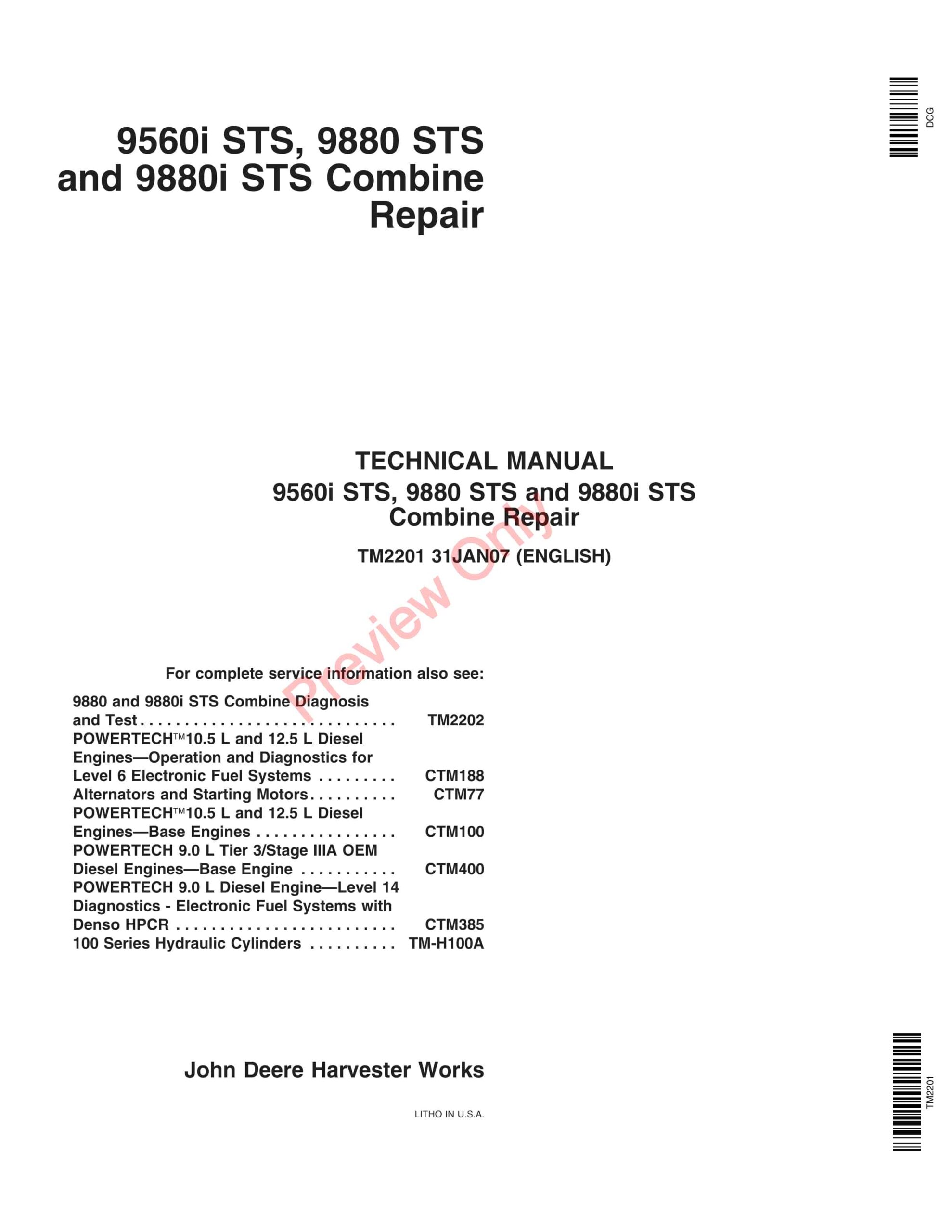 John Deere 9560i STS, 9880 STS, 9880i STS Combine Technical Manual TM2201 31JAN07-1
