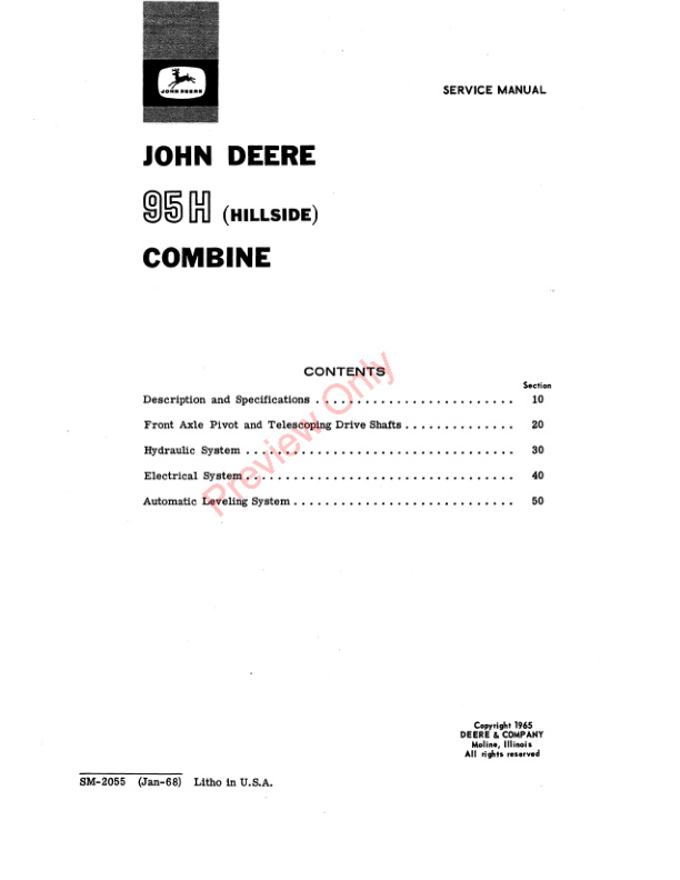 John Deere 95H Hillside Combine Service Manual SM2055 01JAN68 3