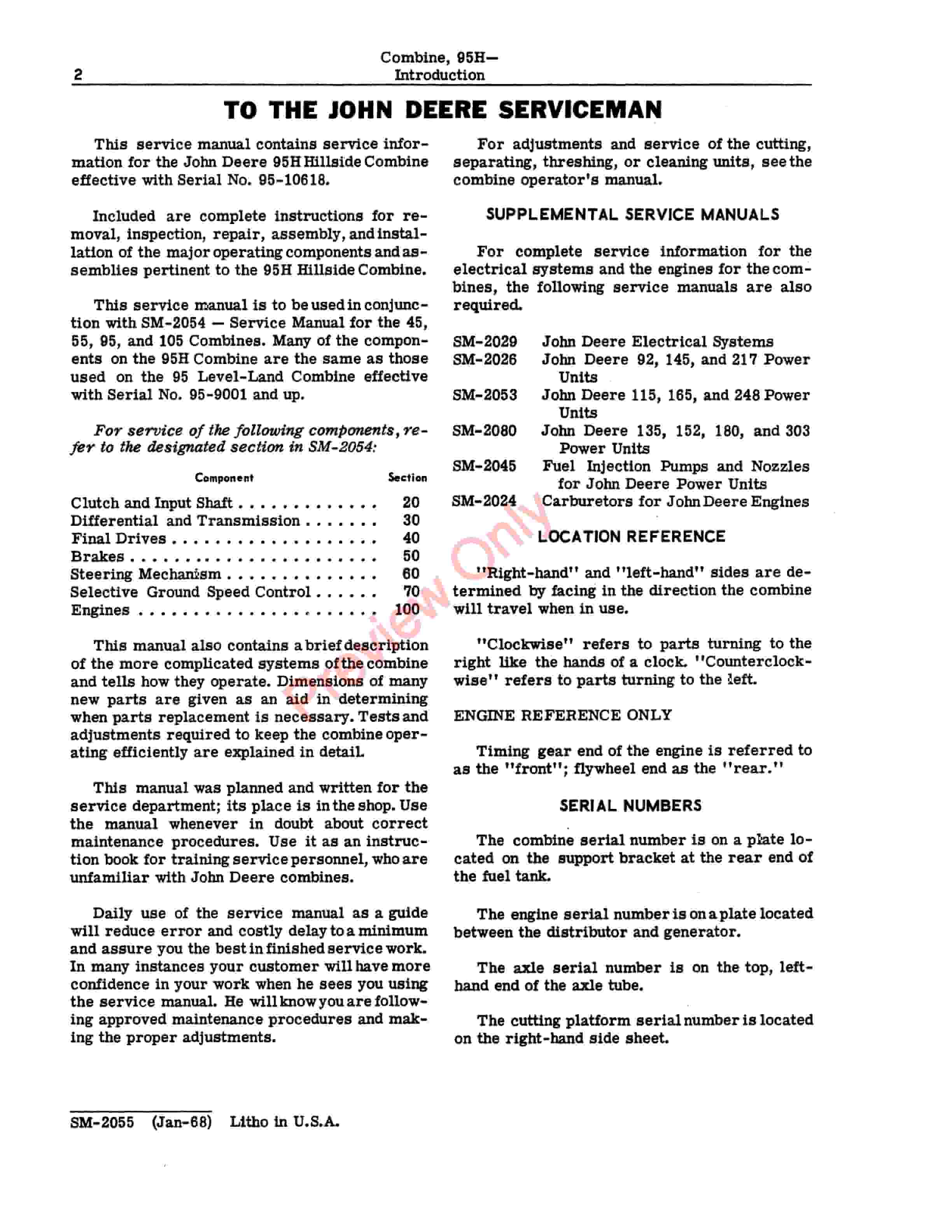 John Deere 95H Hillside Combine Service Manual SM2055 01JAN68 4