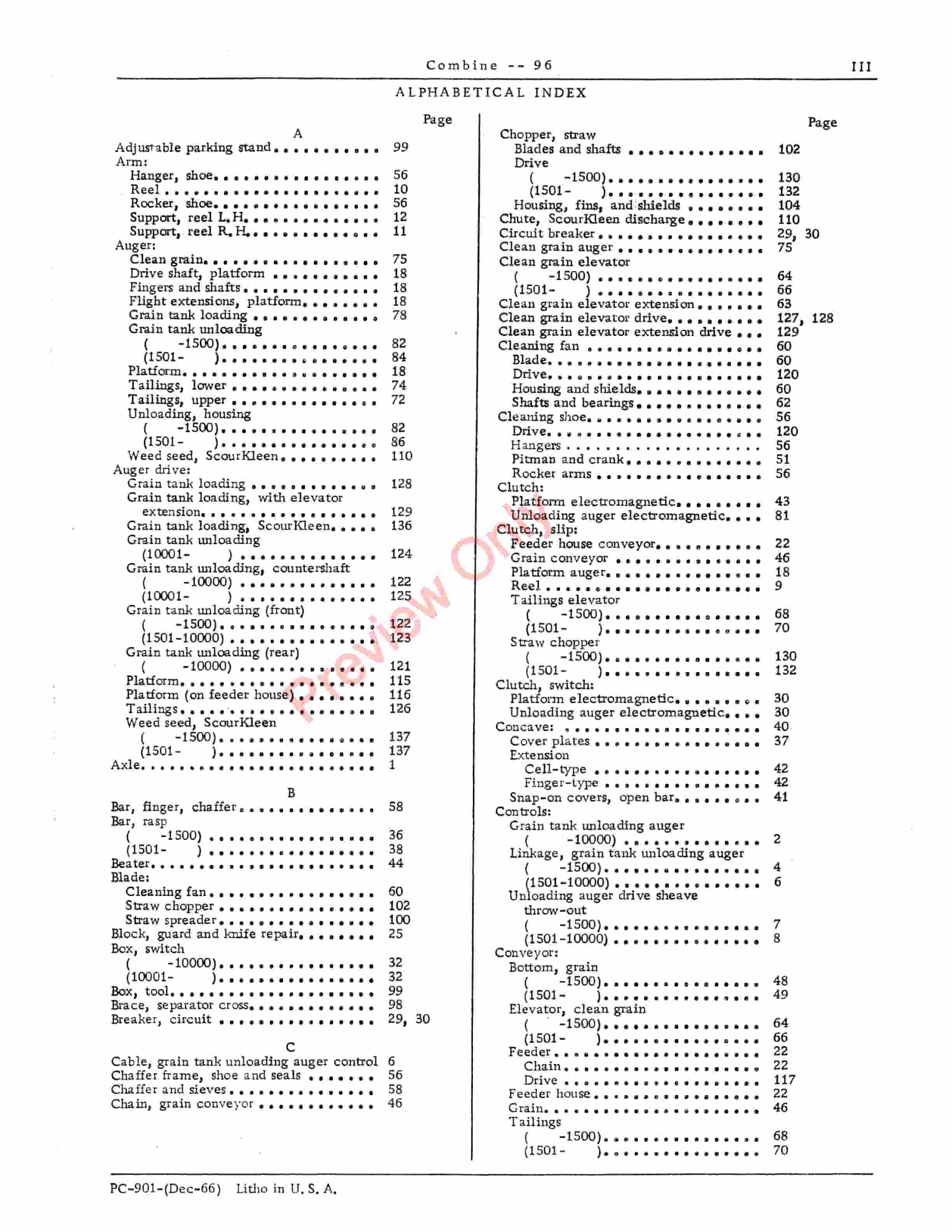 John Deere 96 Combine Parts Catalog PC901 01DEC66-5