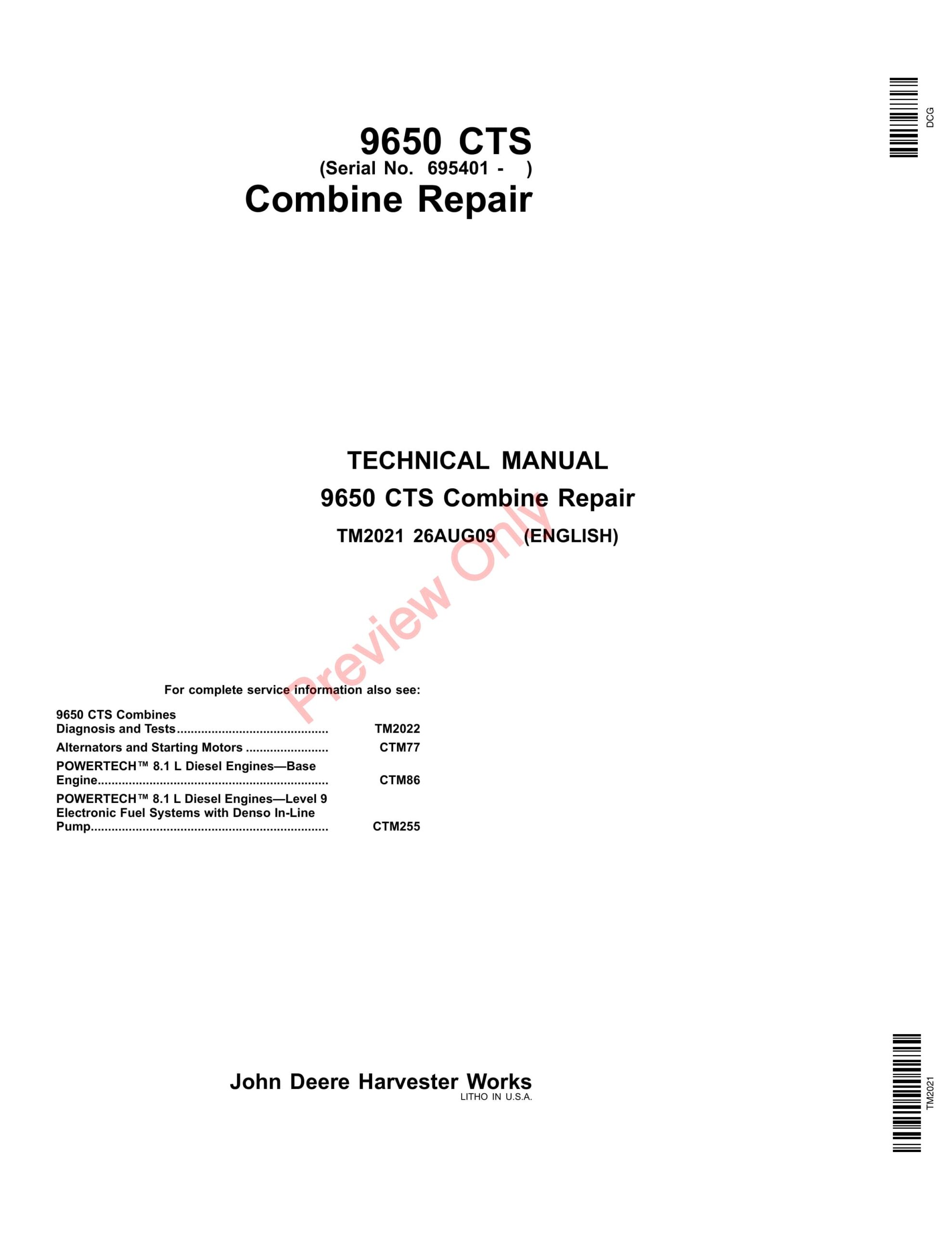 John Deere 9650 CTS Combine Technical Manual TM2021 26AUG09-1