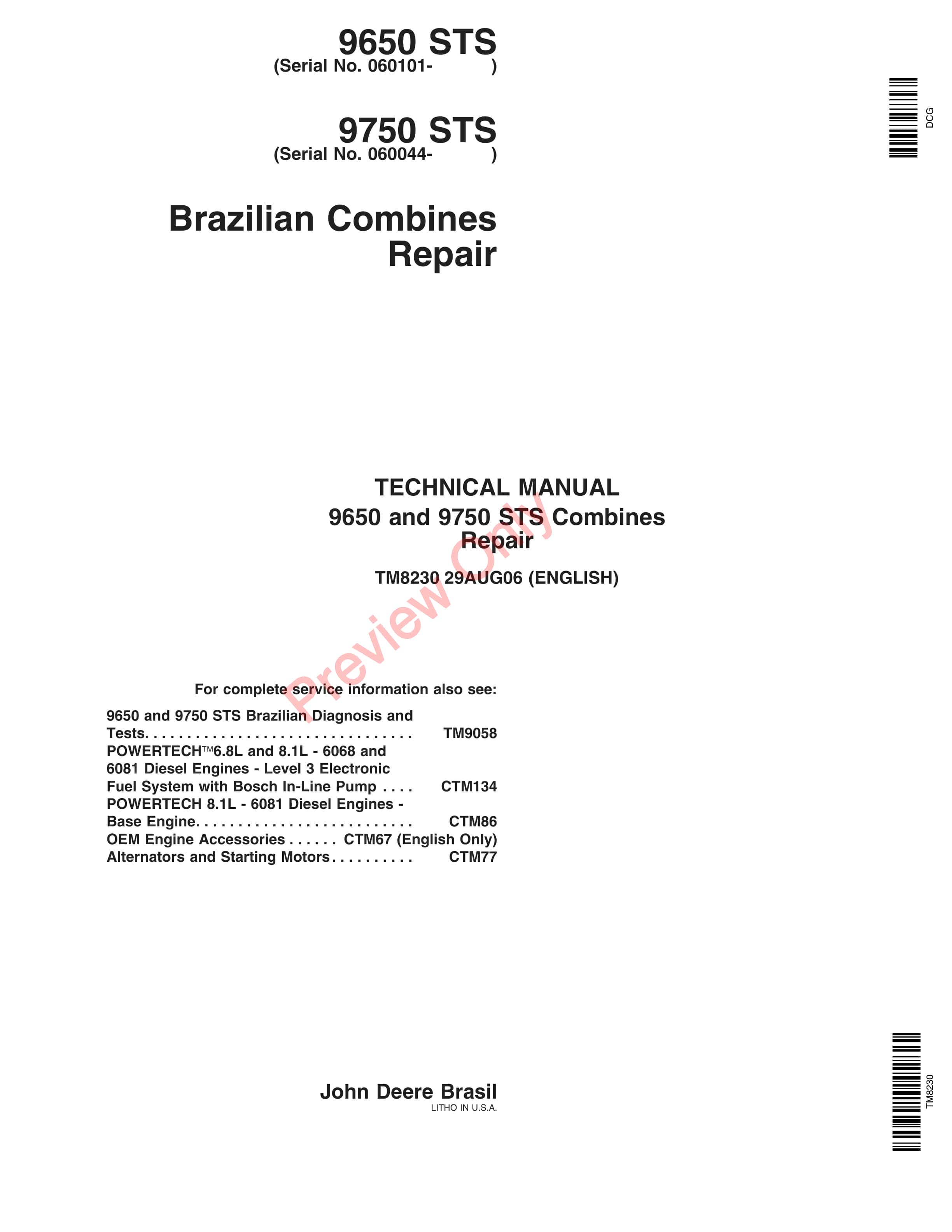John Deere 9650 STS, 9750 STS Combine Technical Manual TM8230 29AUG06-1