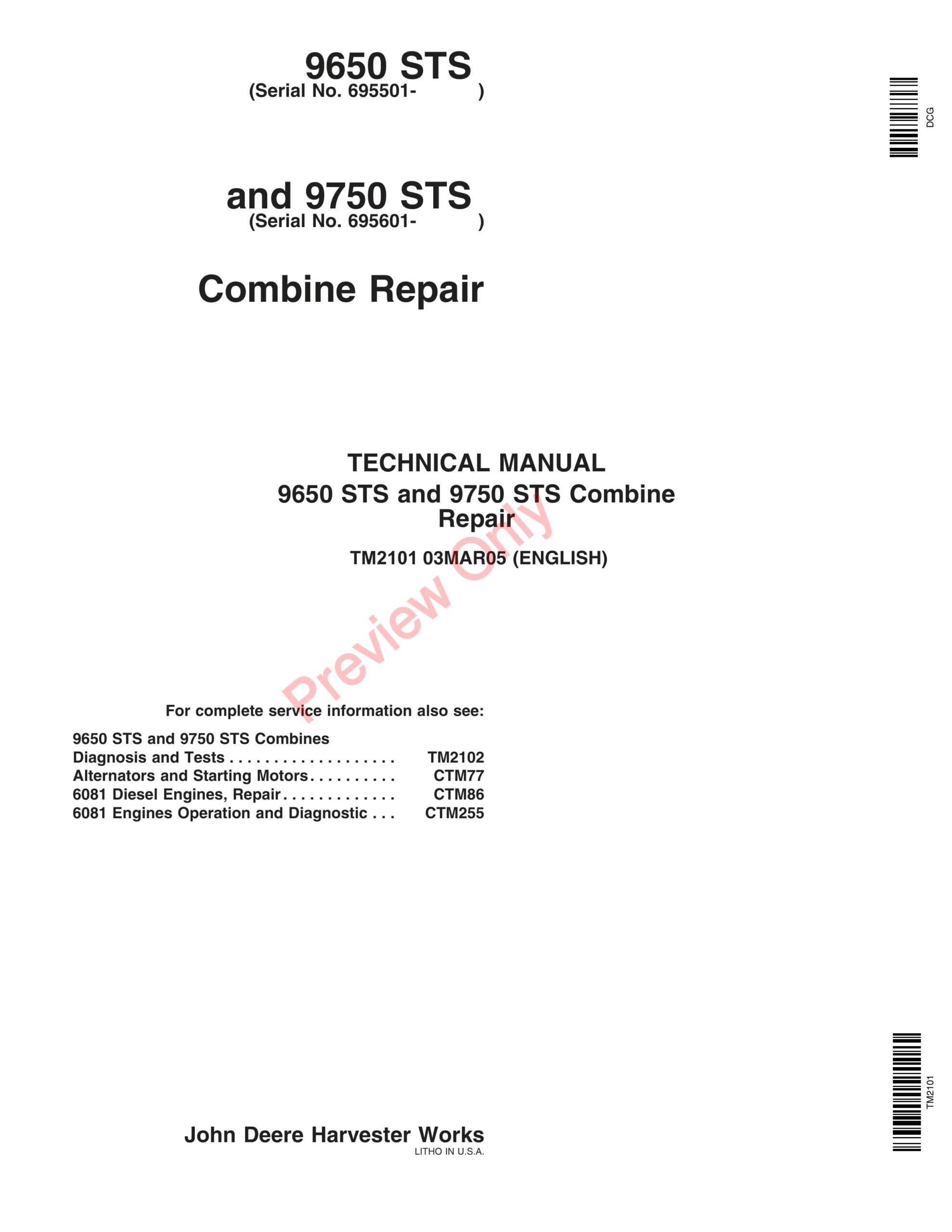 John Deere 9650 STS Combines (695501-), 9750 STS Combines (695601-) Technical Manual TM2101 03MAR05-1