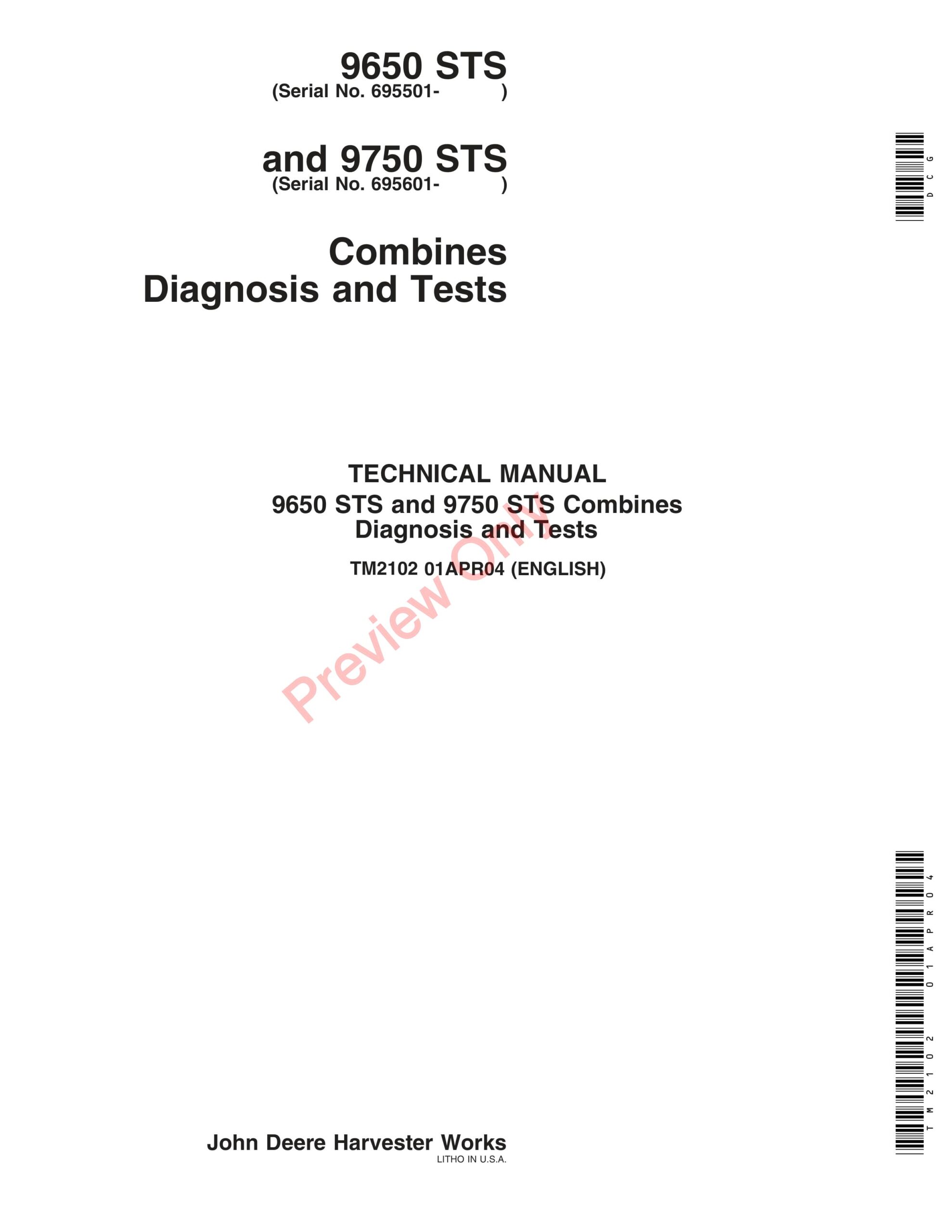 John Deere 9650 STS Combines (695501-), 9750 STS Combines (695601-) Technical Manual TM2102 01APR04-1