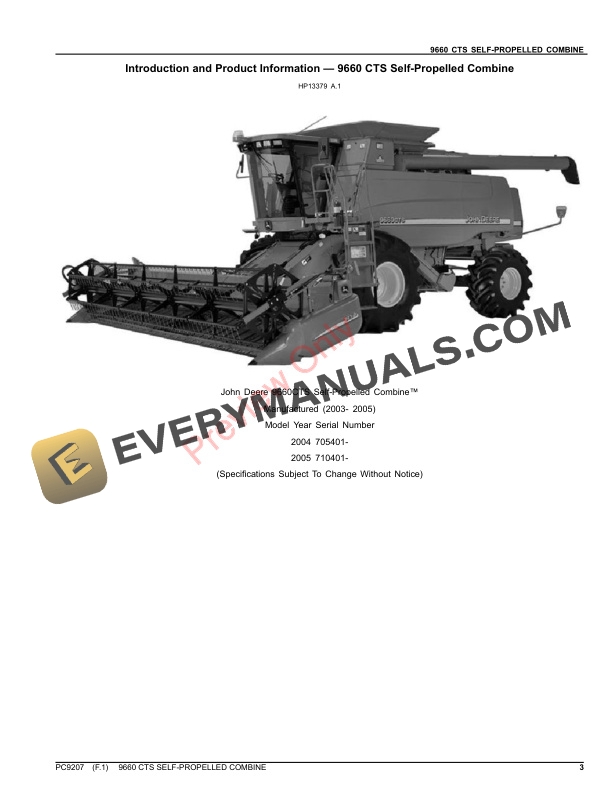 John Deere 9660 CTS SELFPROPELLED COMBINE Parts Catalog PC9207 03AUG23