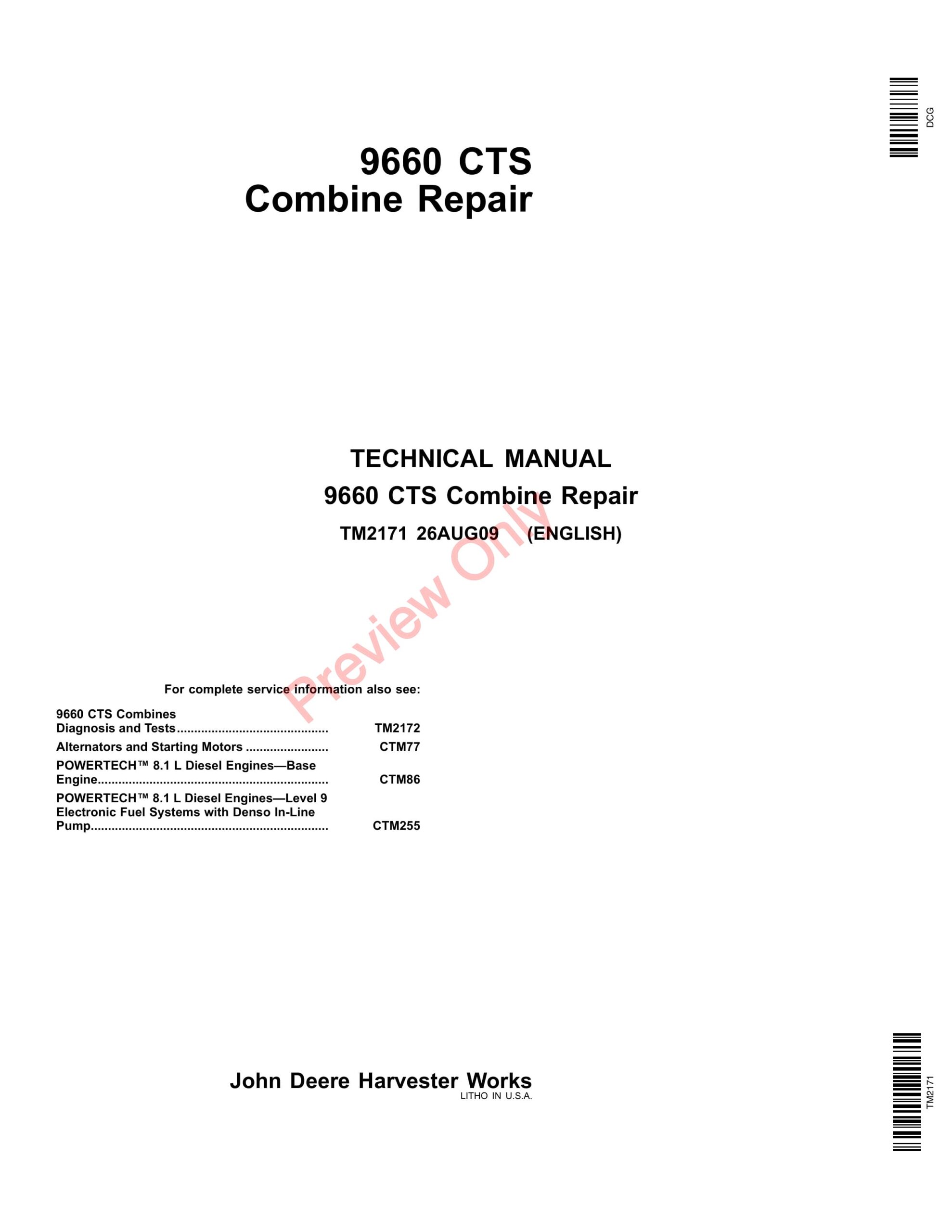 John Deere 9660 CTS Self-Propelled Combine (705401-) Technical Manual TM2171 26AUG09-1