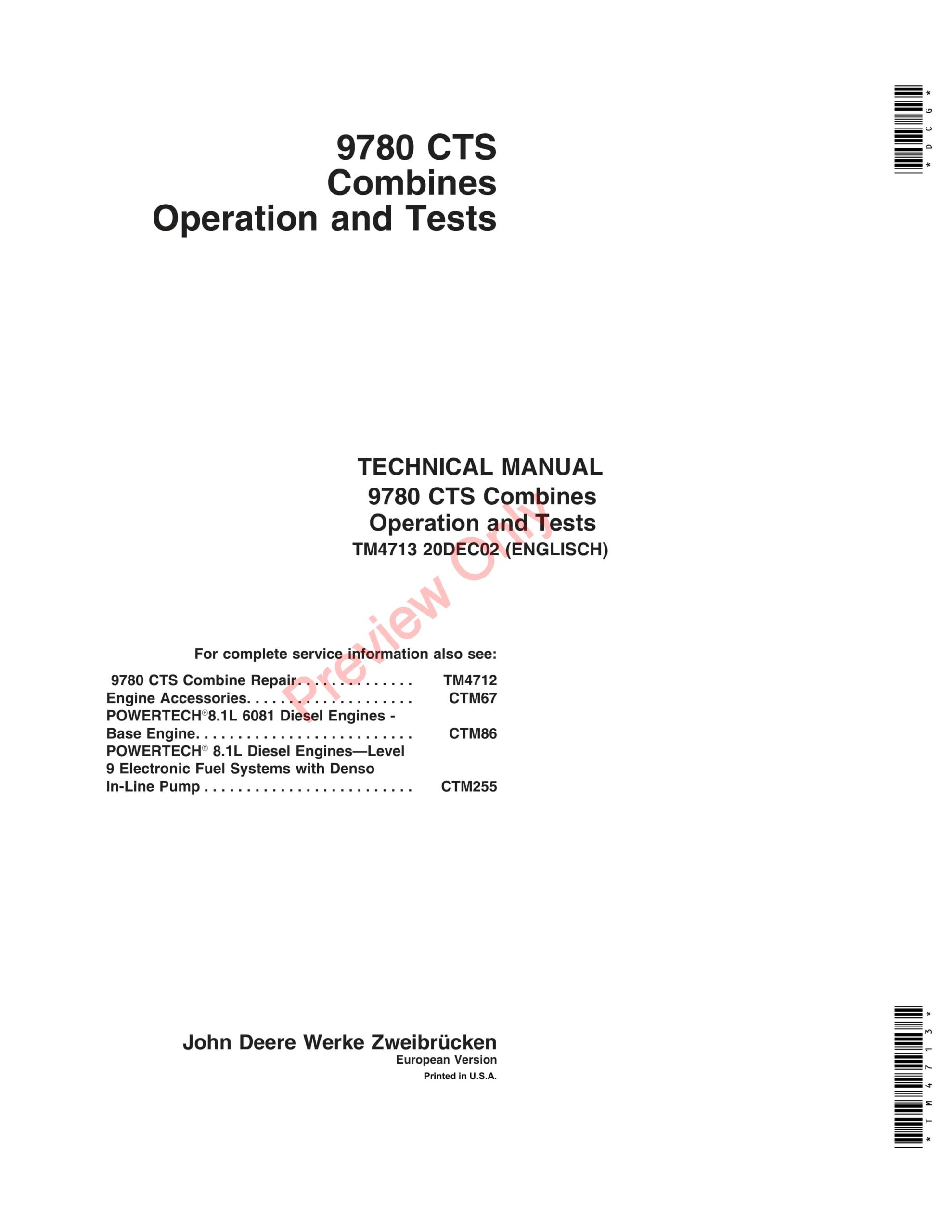 John Deere 9780 CTS Combines Technical Manual TM4713 20DEC02-1