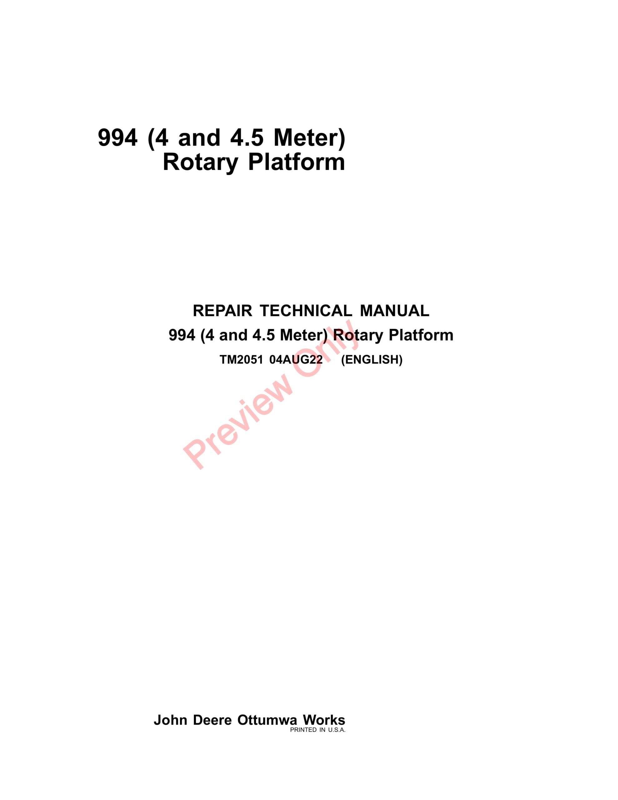 John Deere 994 Rotary Platform 4 Meter and 4.5 Meter Repair Technical Manual TM2051 04AUG22-1
