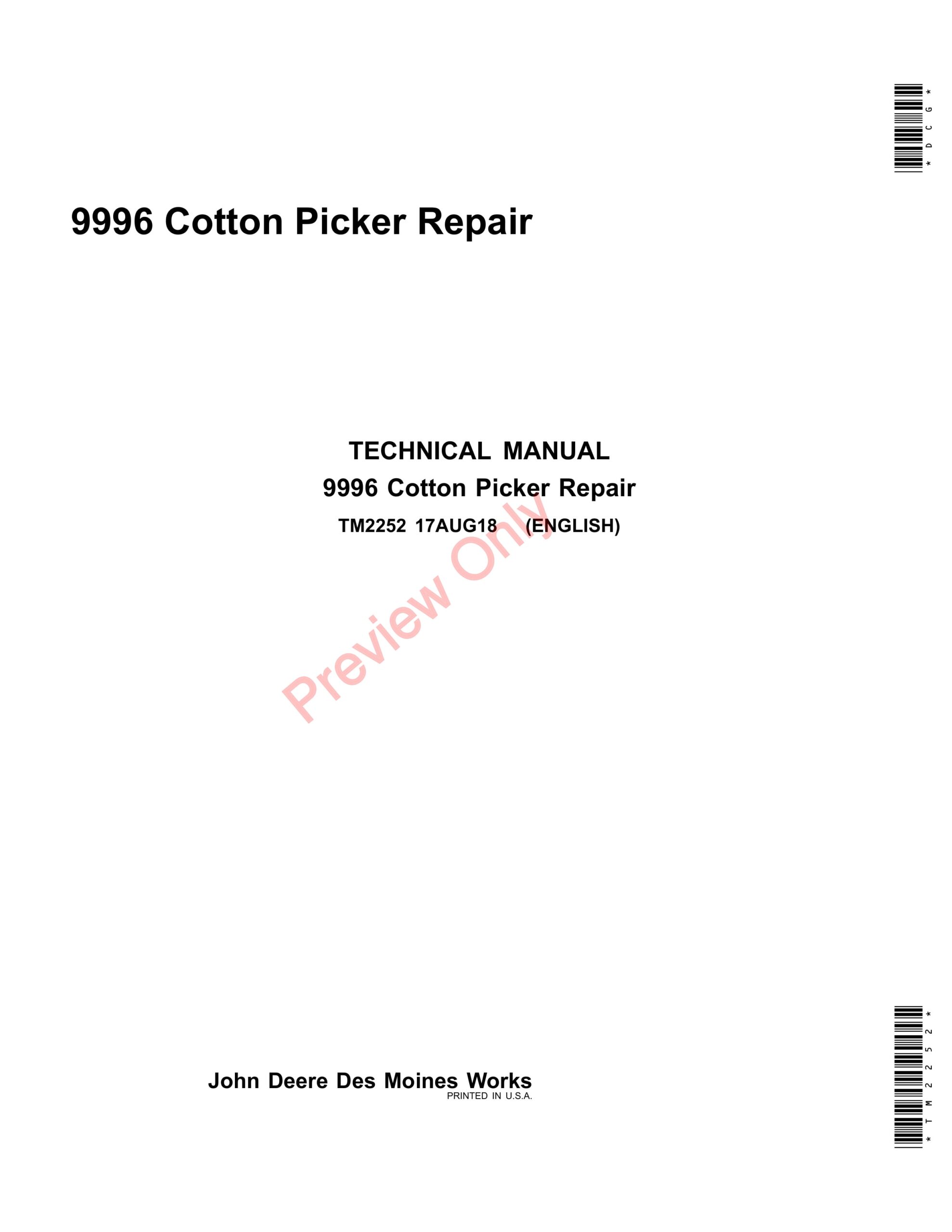 John Deere 9996 Cotton Picker Technical Manual TM2252 17AUG18-1