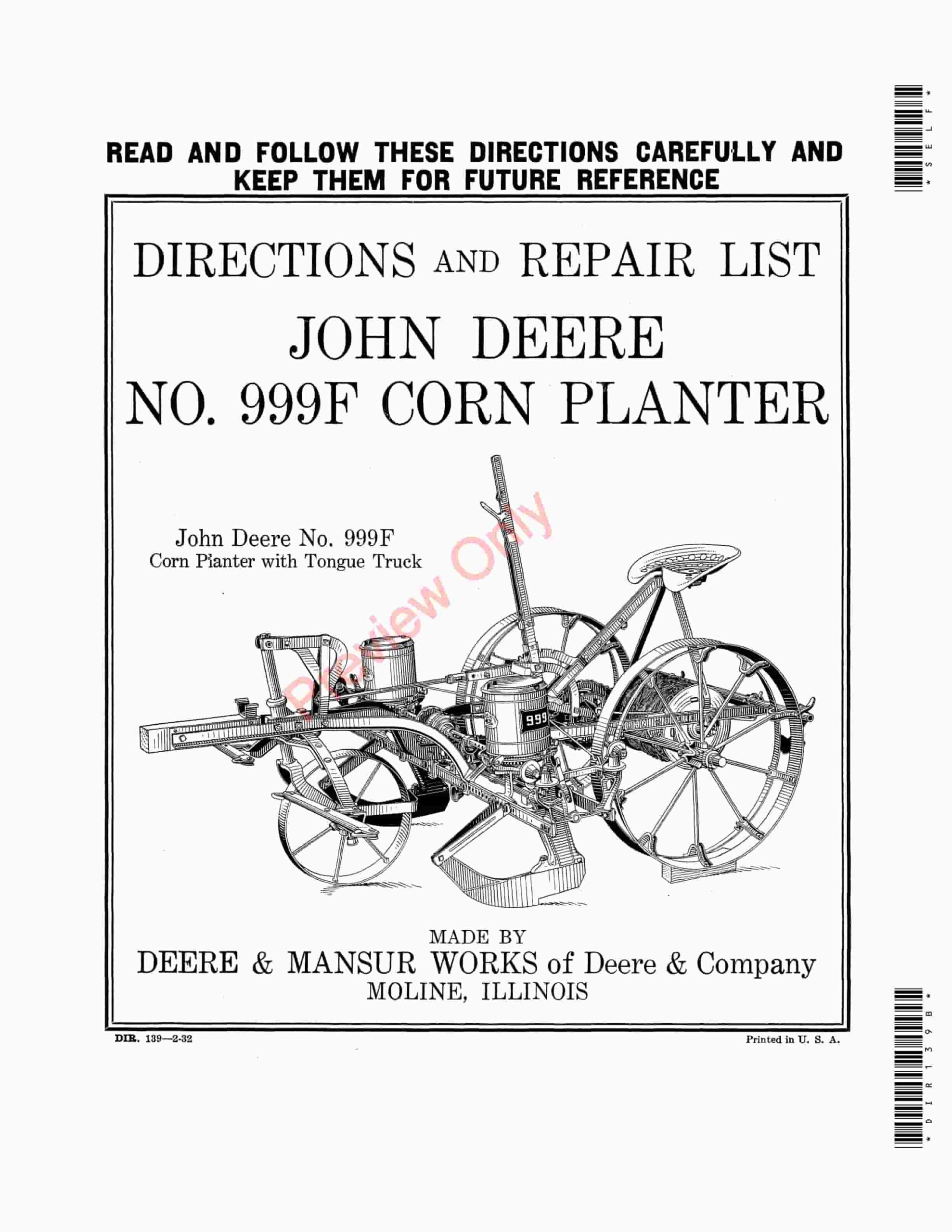 John Deere 999F Corn Planter Parts Catalog Directions & Repair List DIR139B 01FEB32-1