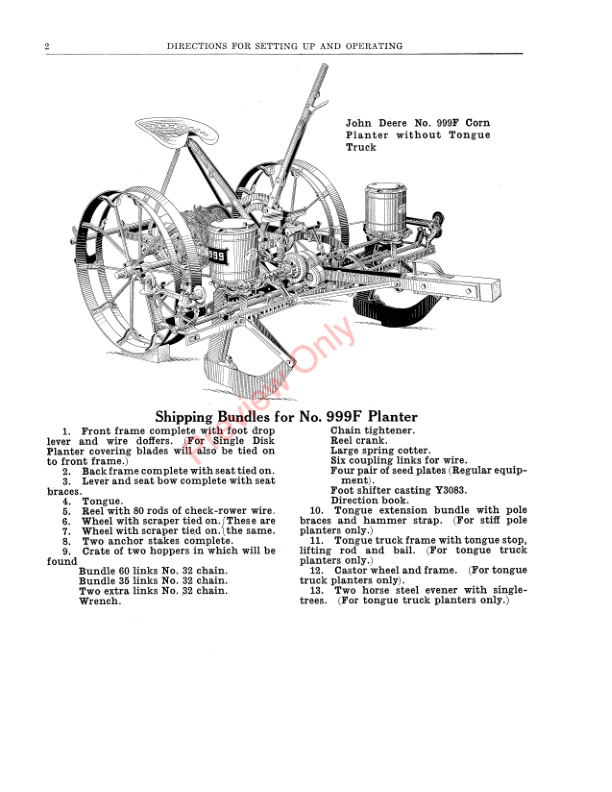 John Deere 999F Corn Planter Parts Catalog Directions Repair List DIR139B 01FEB32 2