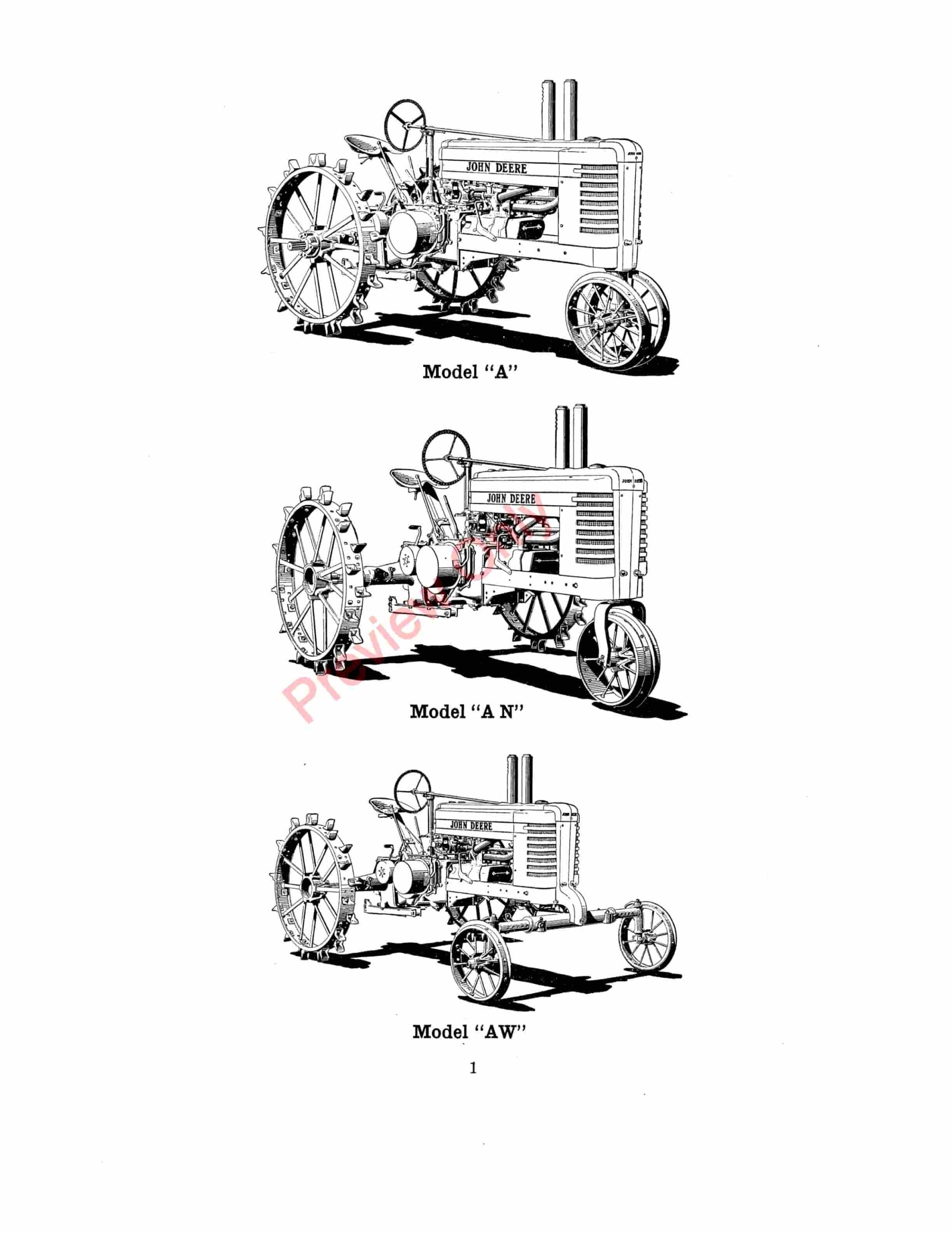 John Deere A, AN, AW, AR, AO Tractors Parts Catalog CAT47R 01APR40-1