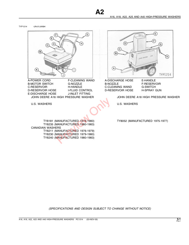 John Deere A16, A18, A22, A25, A40 High-Pressure Washers Parts Catalog PC1314 03NOV00-3