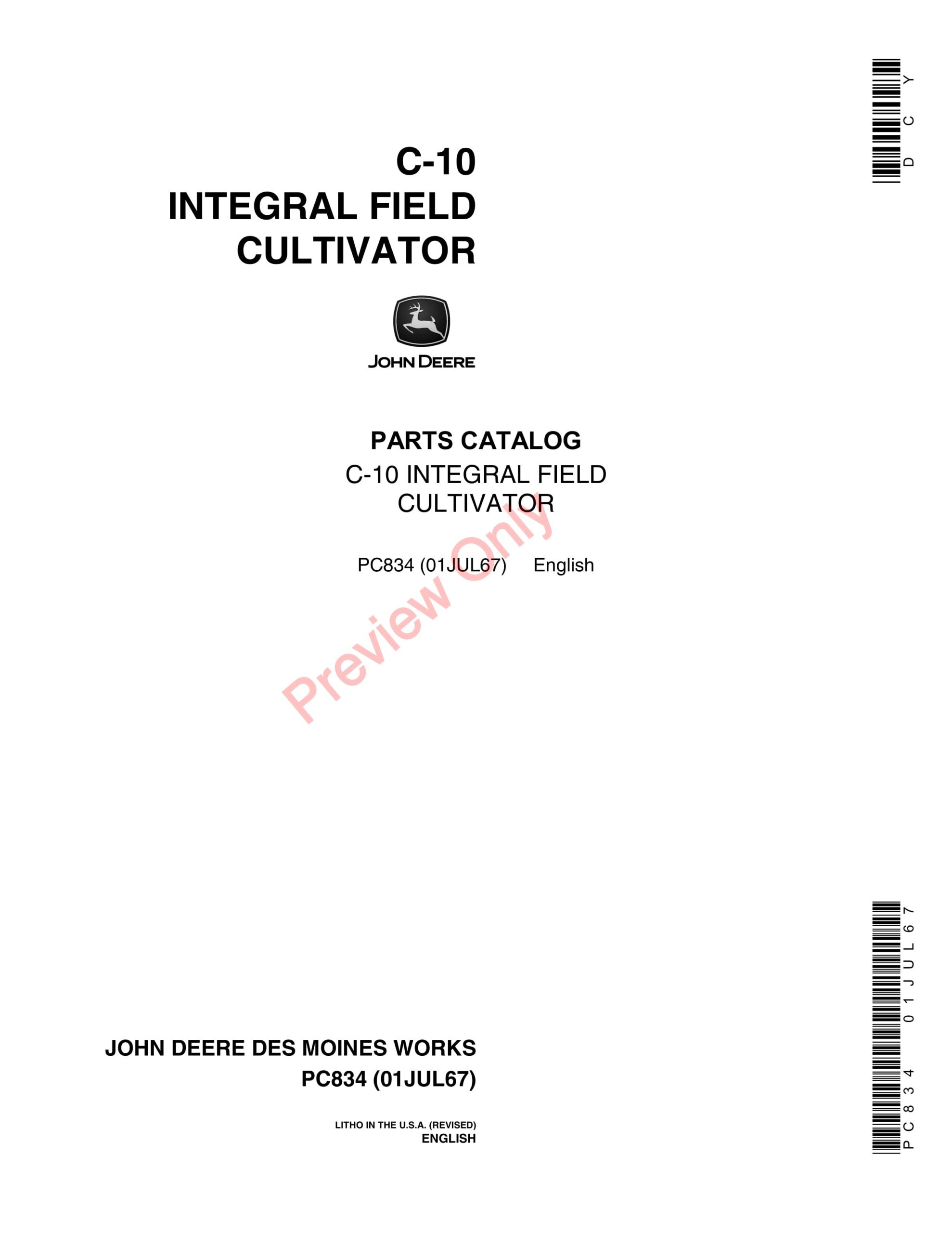 John Deere C-10 Integral Field Cultivator Parts Catalog PC834 01JUL67-1