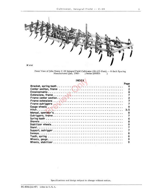 John Deere C-10 Integral Field Cultivator Parts Catalog PC834 01JUL67-3