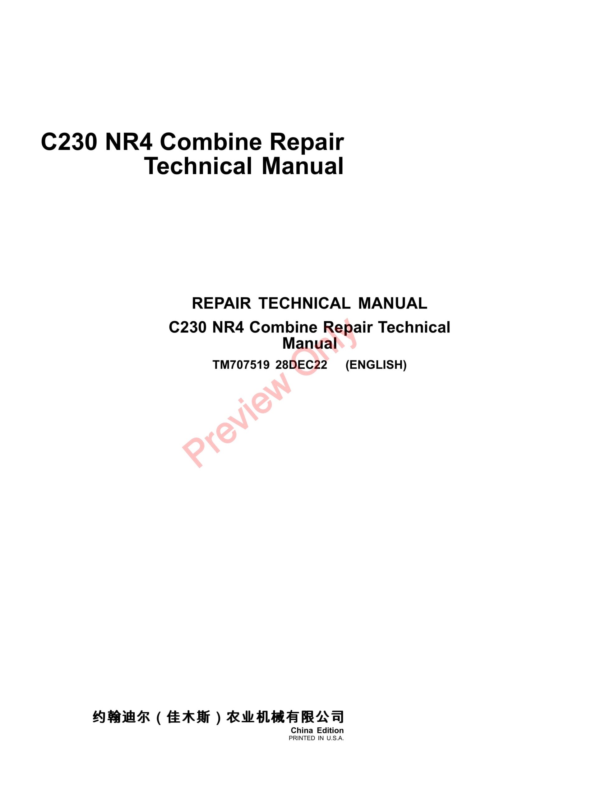 John Deere C230 NR4 Combine Repair Technical Manual TM707519 28DEC22-1