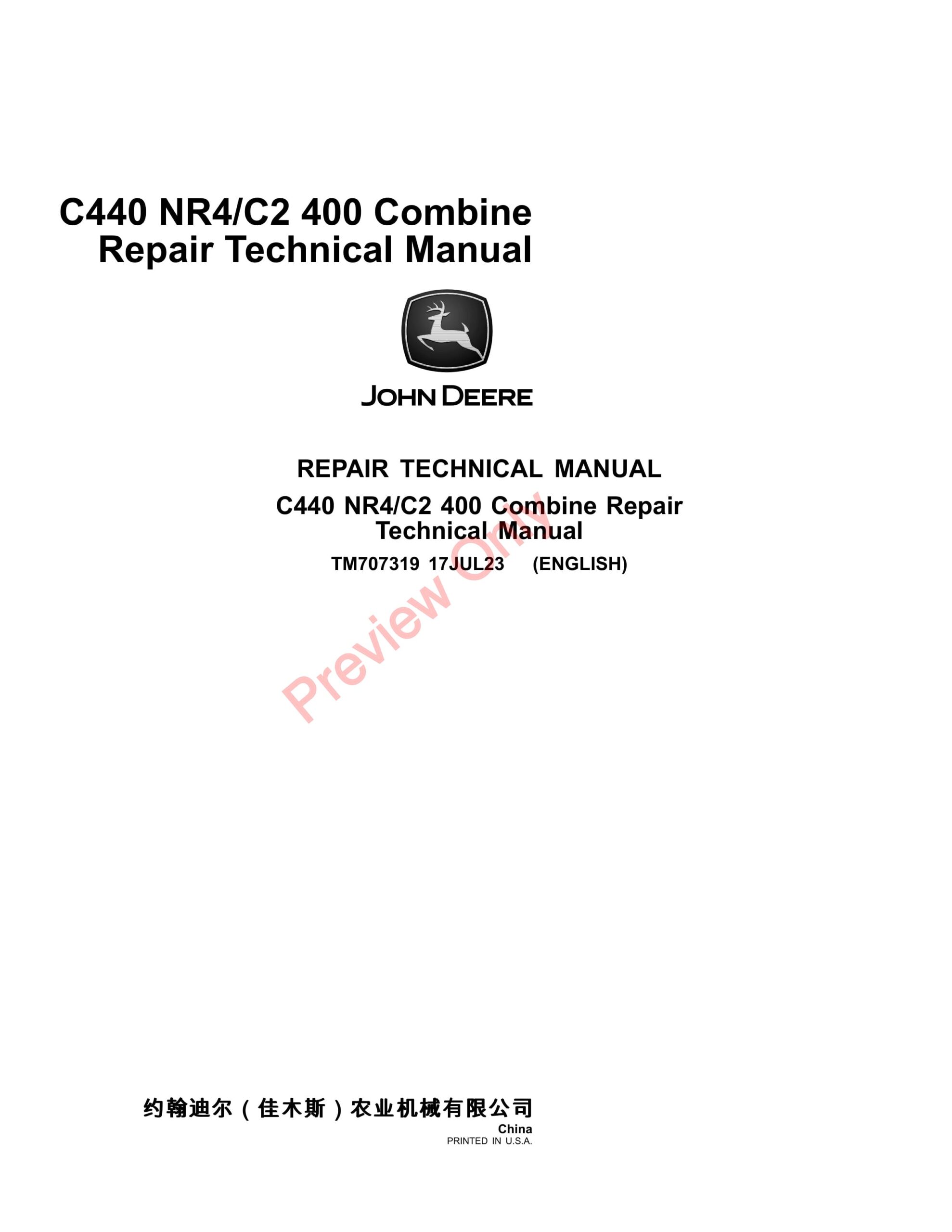 John Deere C440 NR4 Combine Repair Technical Manual TM707319 17JUL23-1
