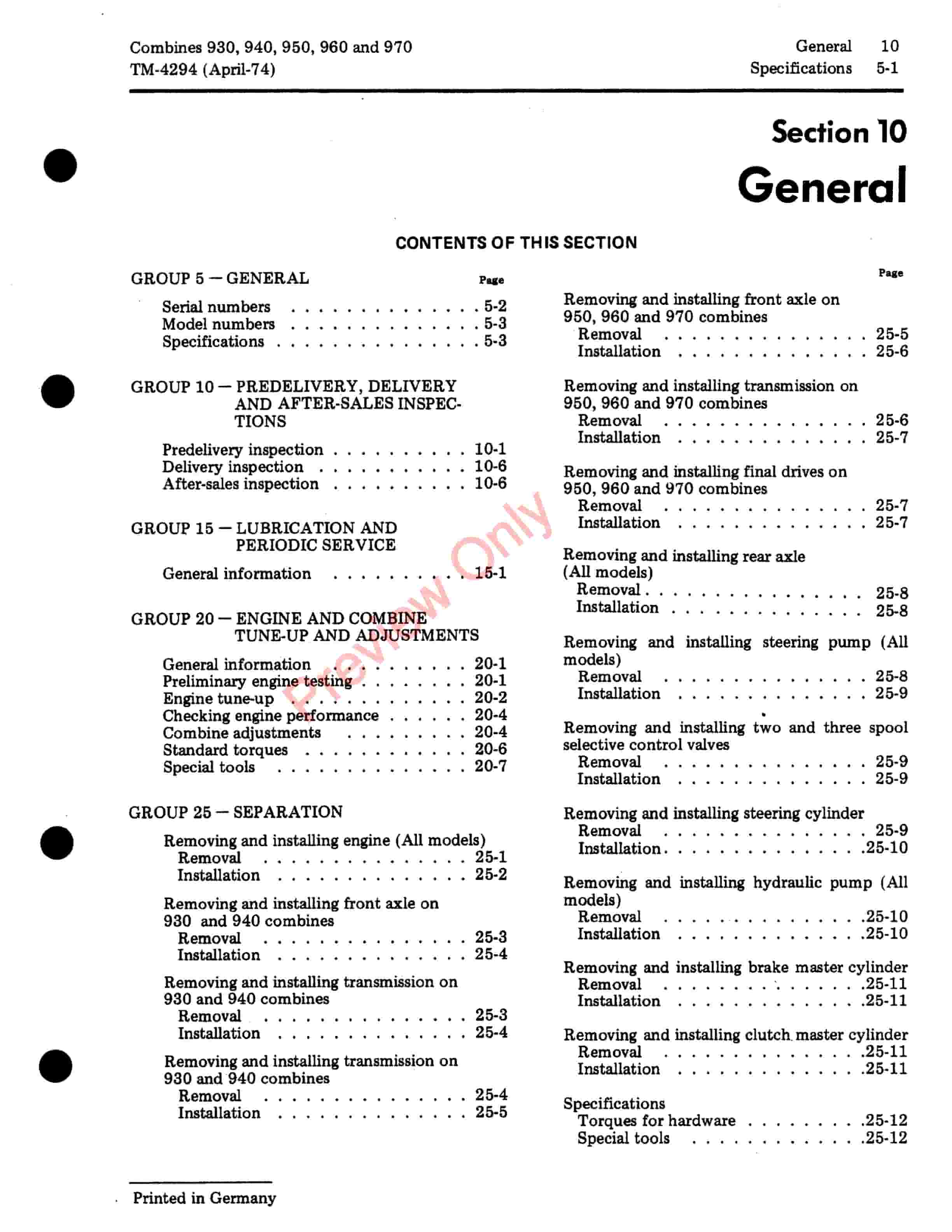 John Deere COMB. 900 SERIES ENGLISH Technical Manual TM4294 01OCT75 5