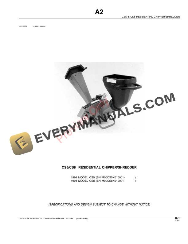 John Deere CS5, CS8 Chipper and Shredder Parts Catalog PC2398 23AUG96