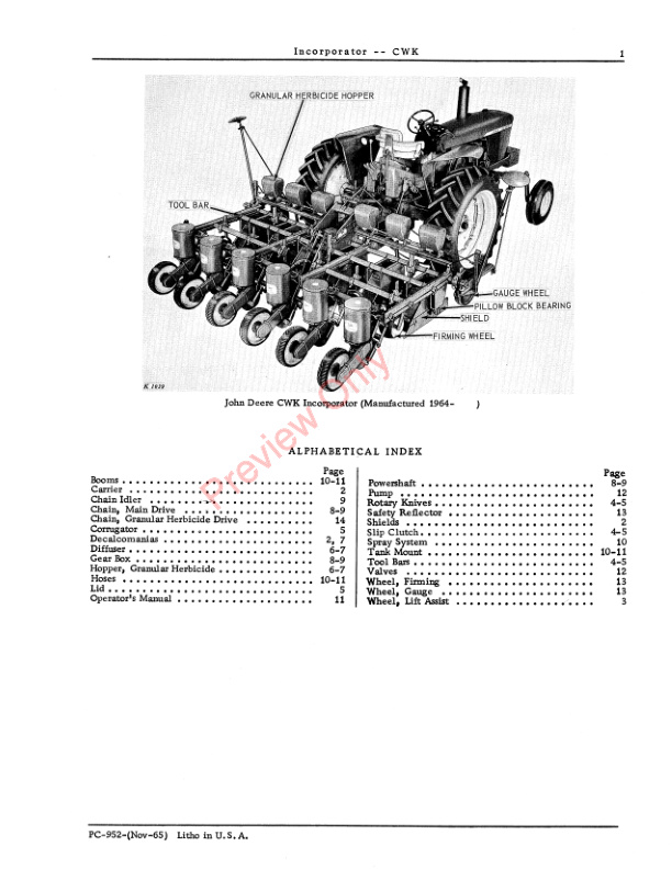 John Deere CWK Herbicide Incorporators Parts Catalog PC952 01NOV65-3